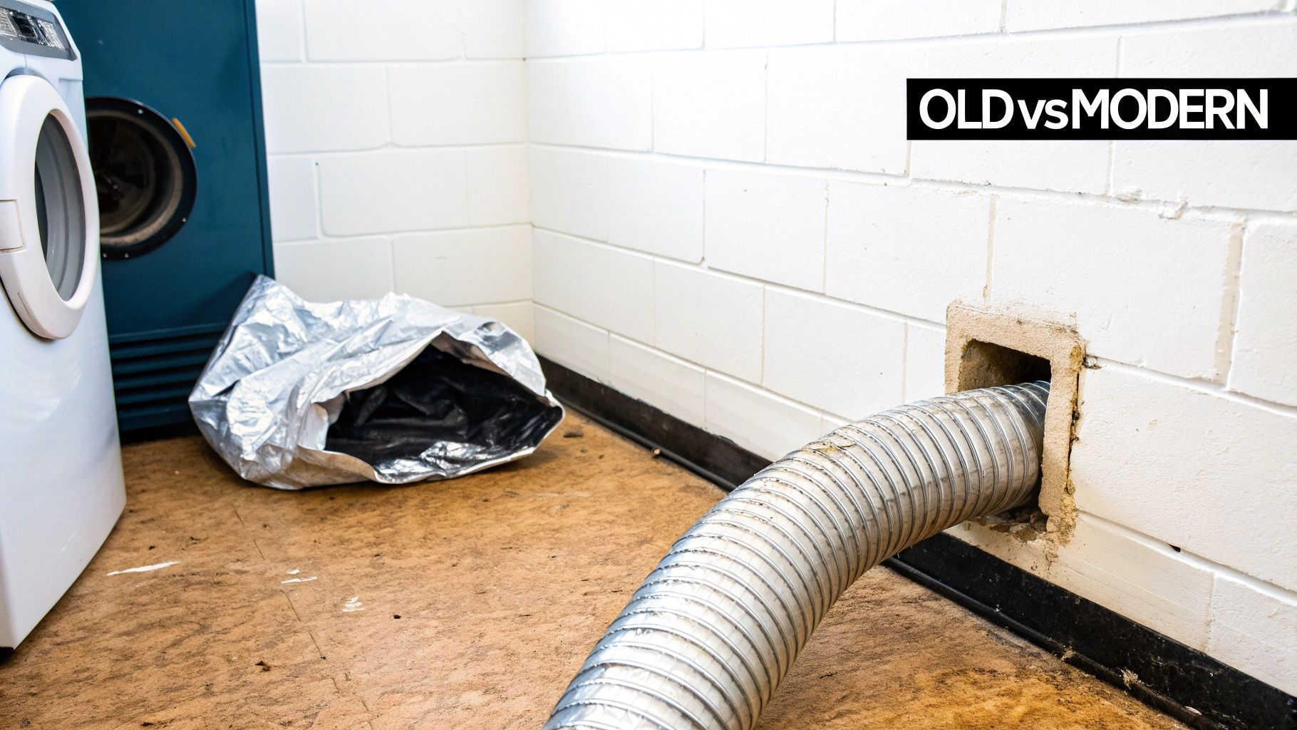 Flexible dryer vent hose extending from a wall in a utility room with laundry appliances.