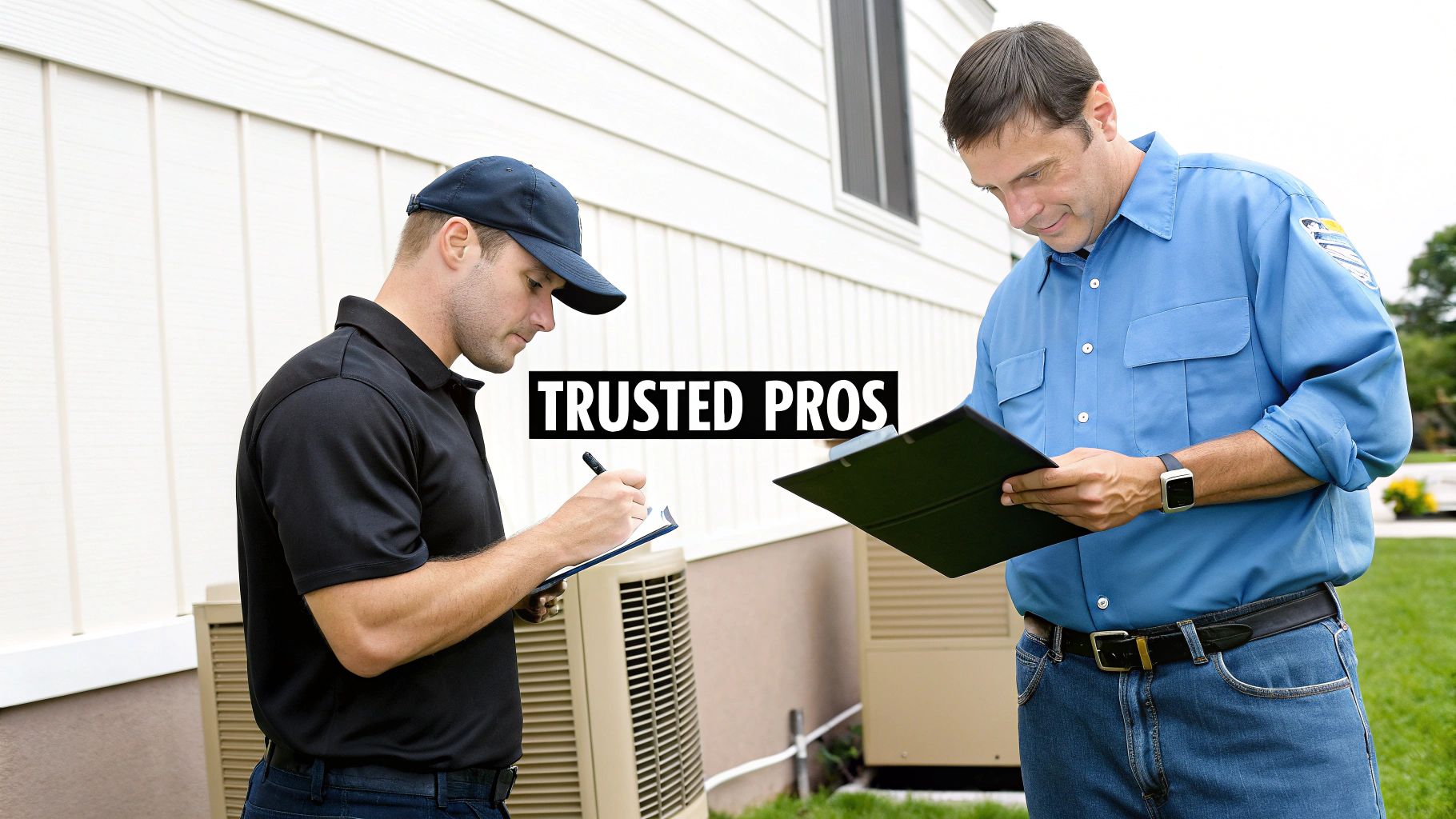 Two professional HVAC technicians inspecting outdoor air conditioning unit during maintenance service visit