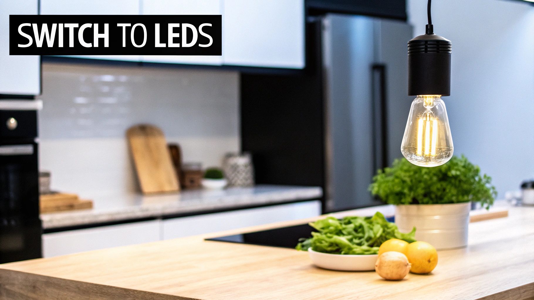 Modern kitchen with a glowing LED filament light bulb over a wooden countertop with fresh produce.