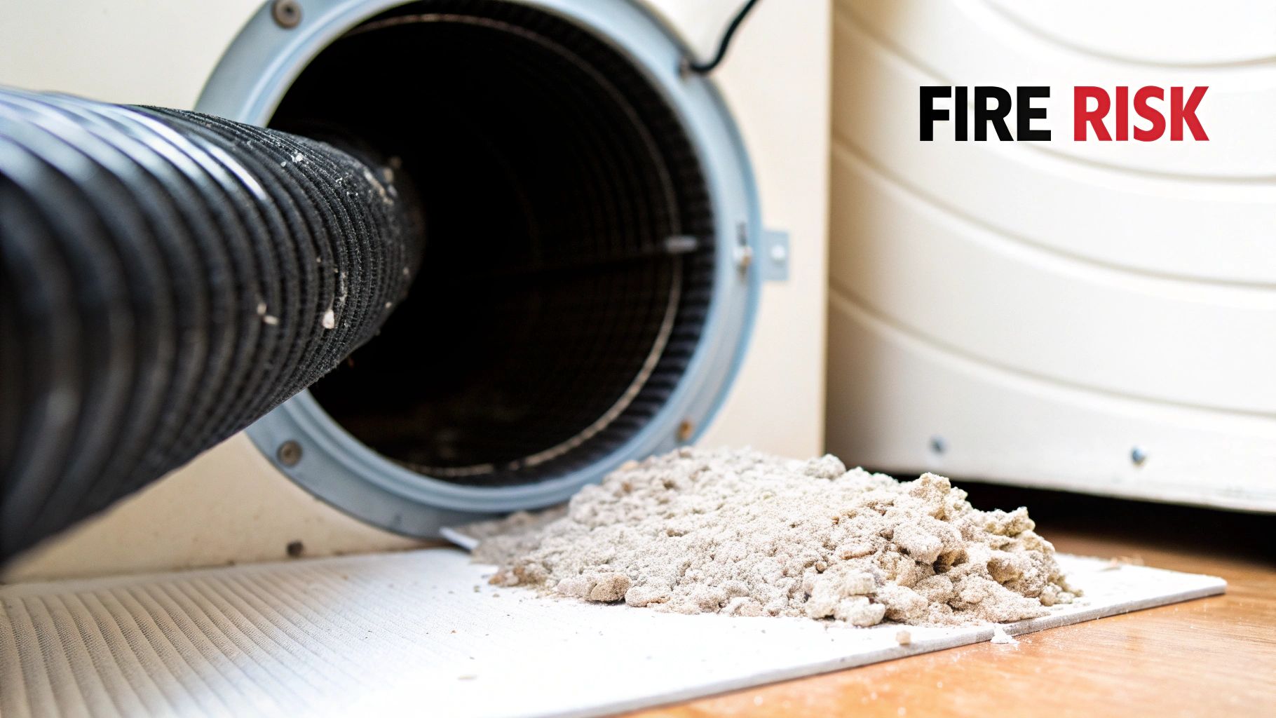 A dirty dryer vent hose connected to a dryer, with a large pile of flammable lint on the floor, signaling a fire hazard.