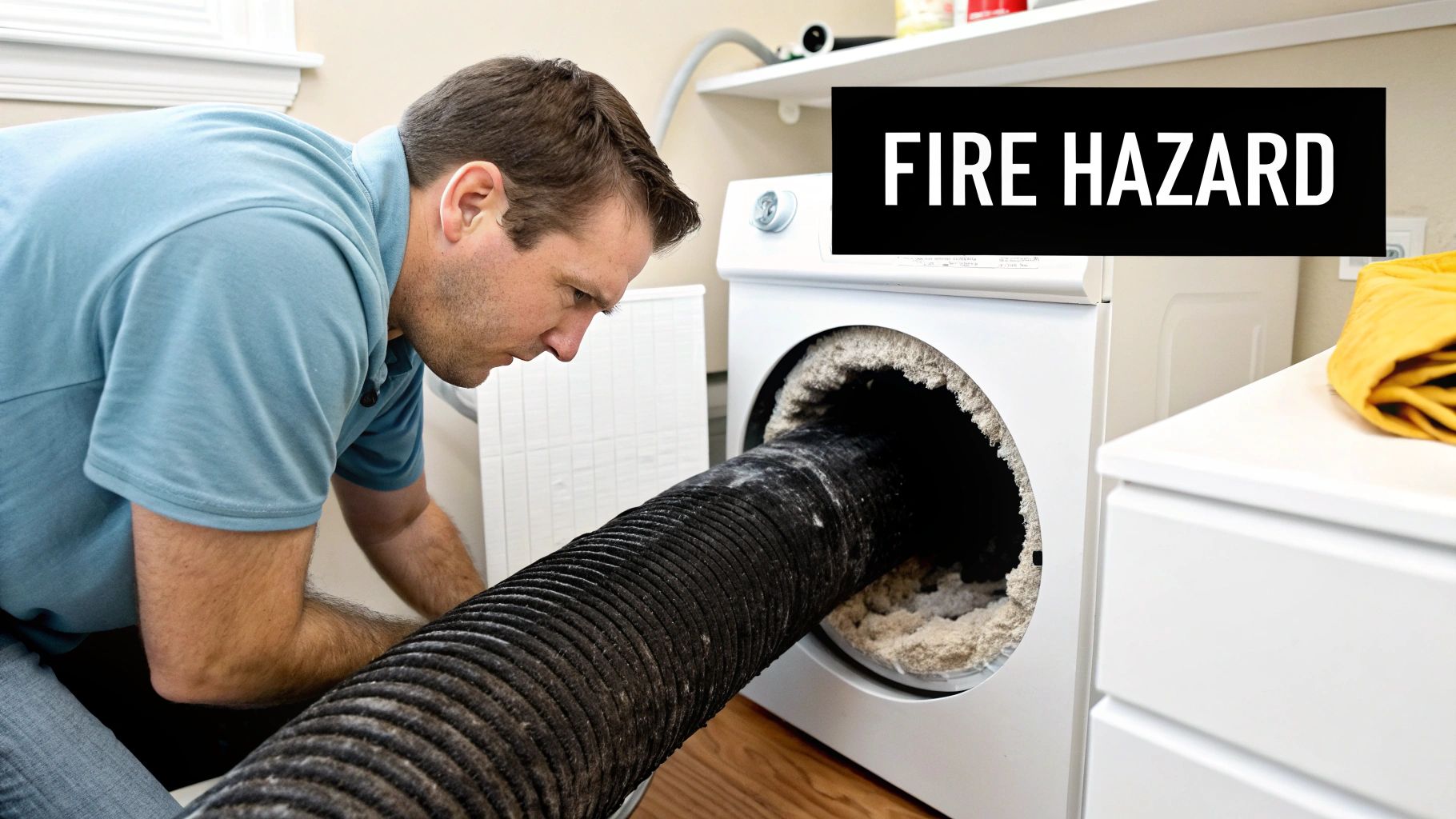 A man cleans a heavily clogged dryer vent, emphasizing the fire hazard from excessive lint.