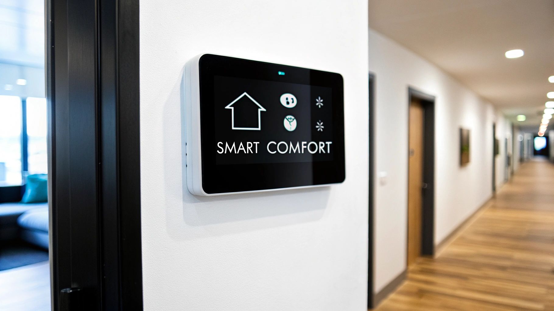Smart home comfort control panel mounted on white wall in modern hallway displaying temperature controls