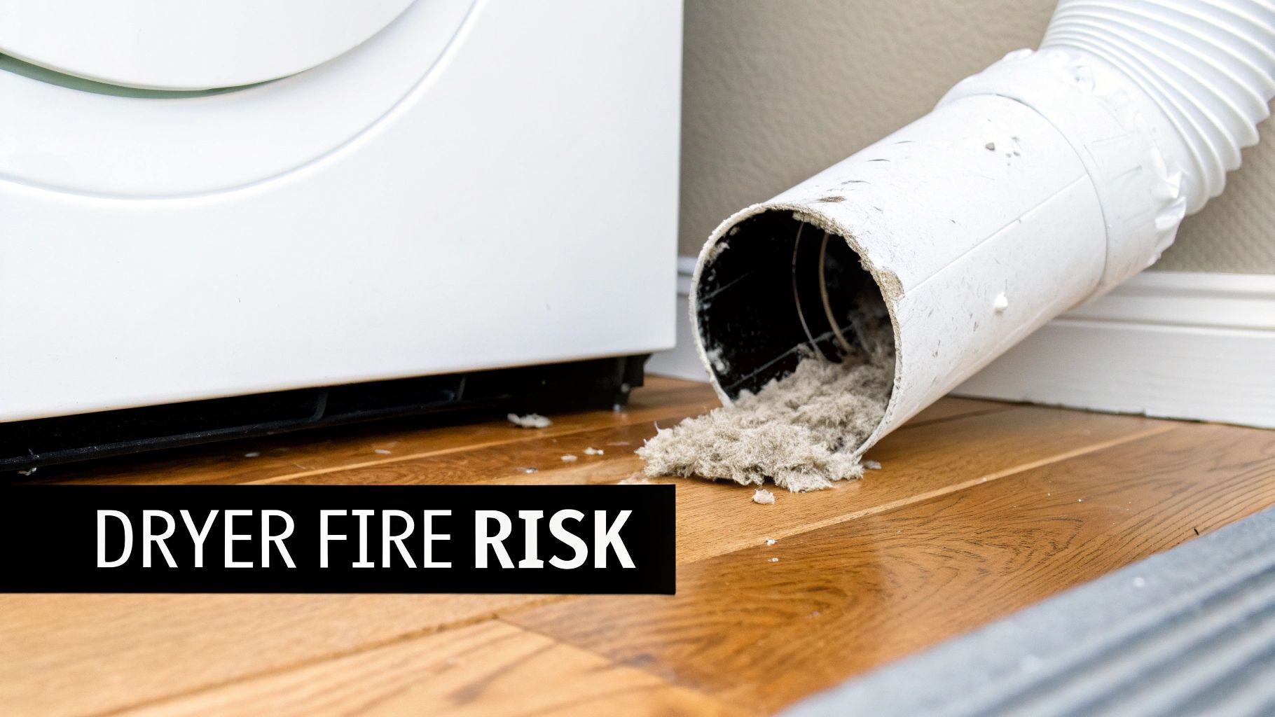 A detached dryer vent hose spilling a large pile of flammable lint onto a wooden floor, highlighting fire risk.