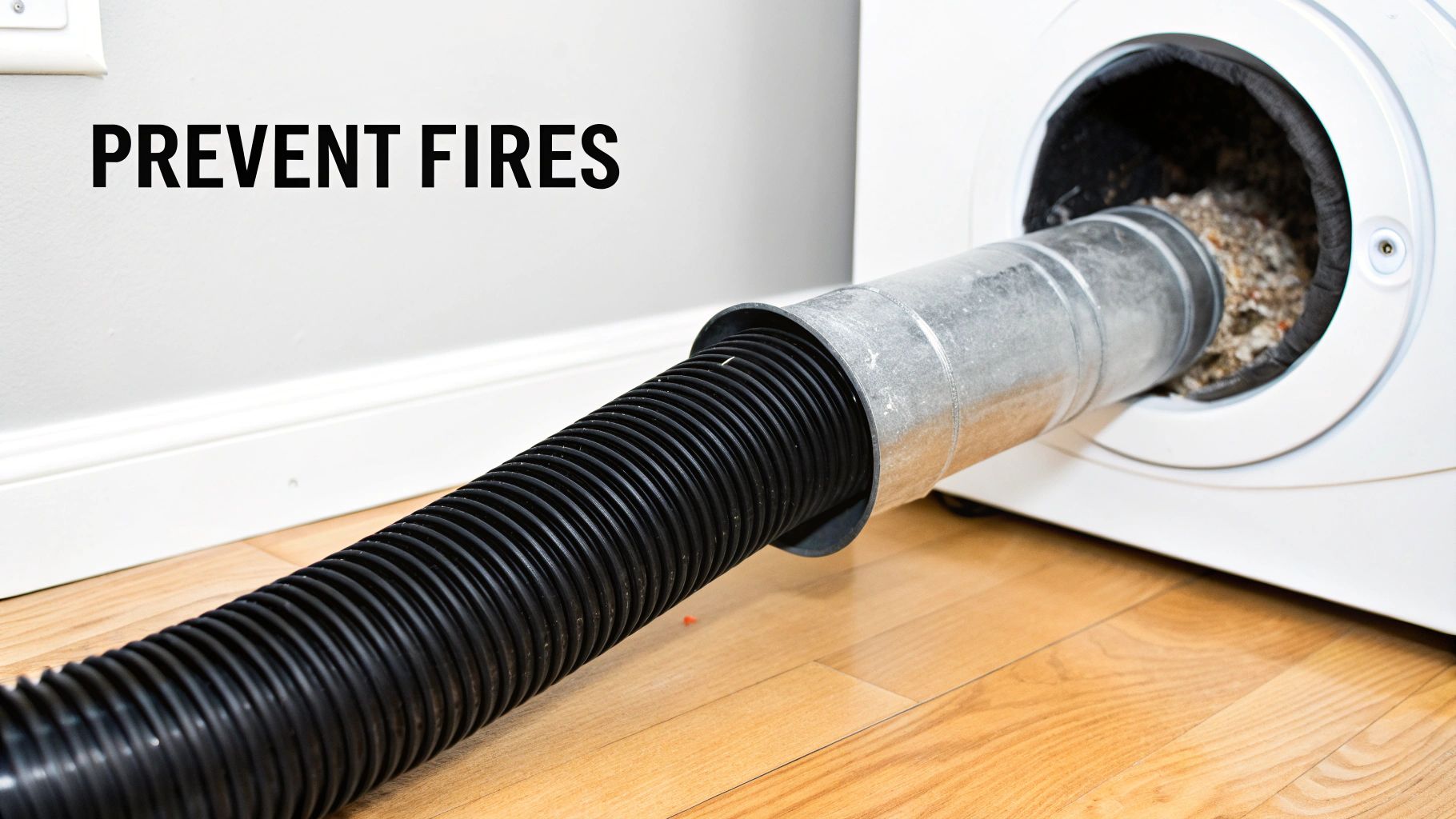 A black hose cleaning a dryer vent filled with lint, emphasizing fire prevention.