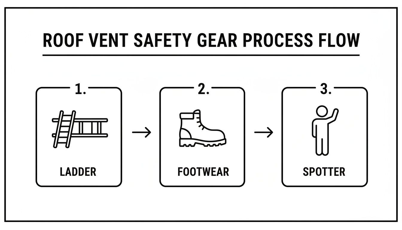 A three-step process flow for roof vent safety gear, including ladder, footwear, and a spotter.