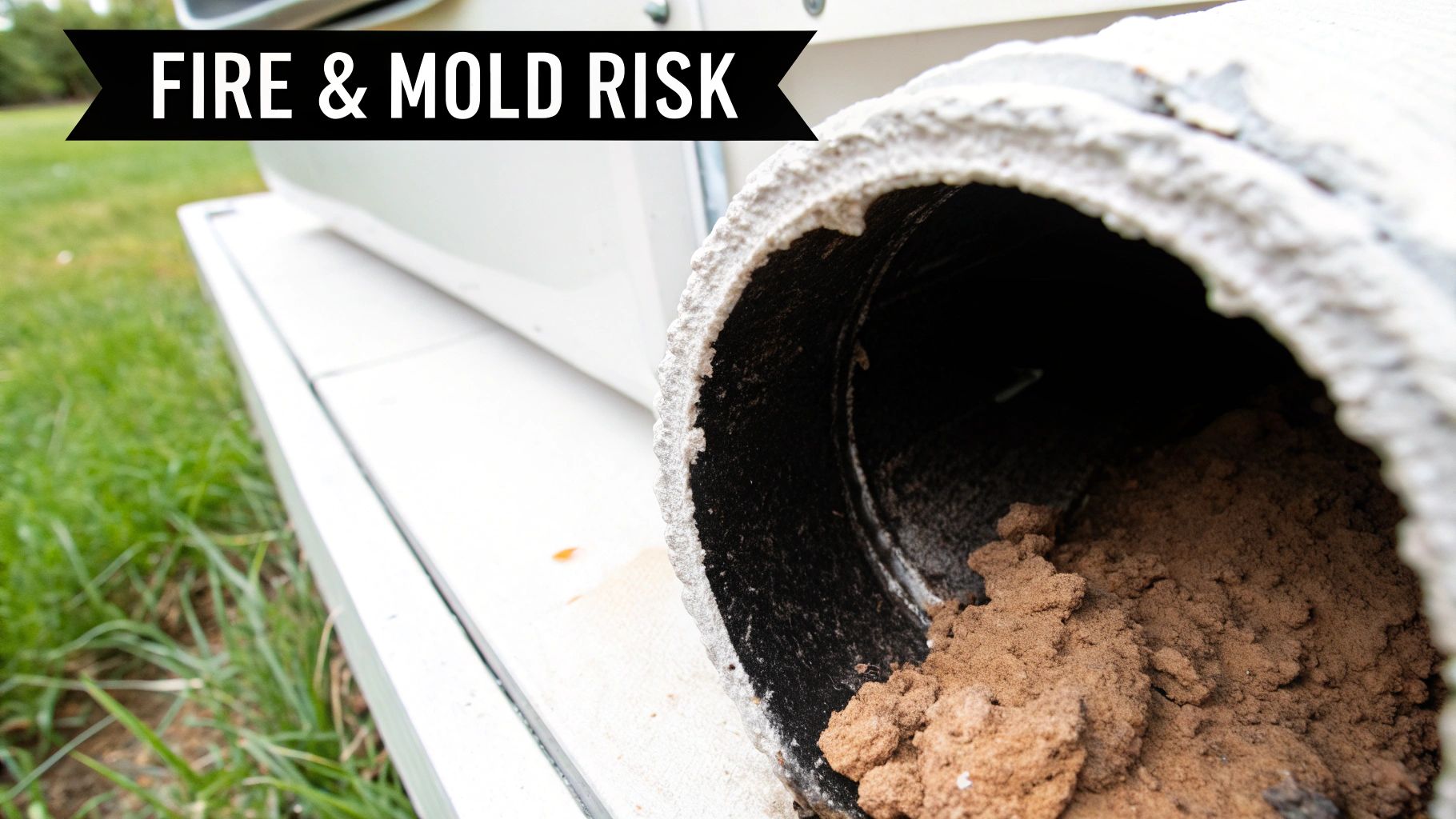 A close-up of a clogged dryer vent with lint and moisture.