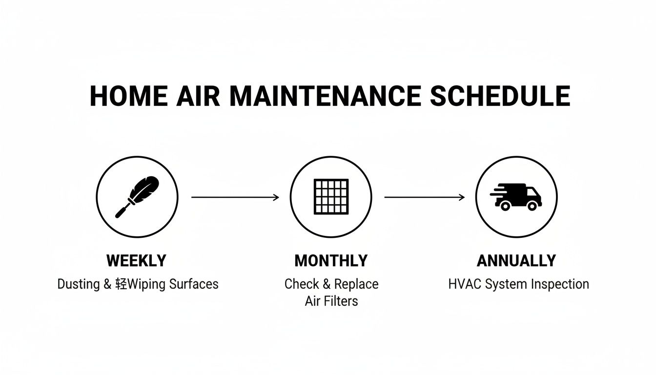 Infographic showing a home air maintenance schedule: weekly dusting, monthly air filter checks, and annual HVAC inspection.