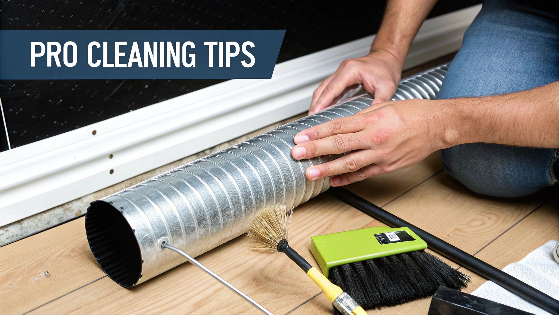 Person's hands cleaning a metallic dryer vent with brushes on a wooden floor.