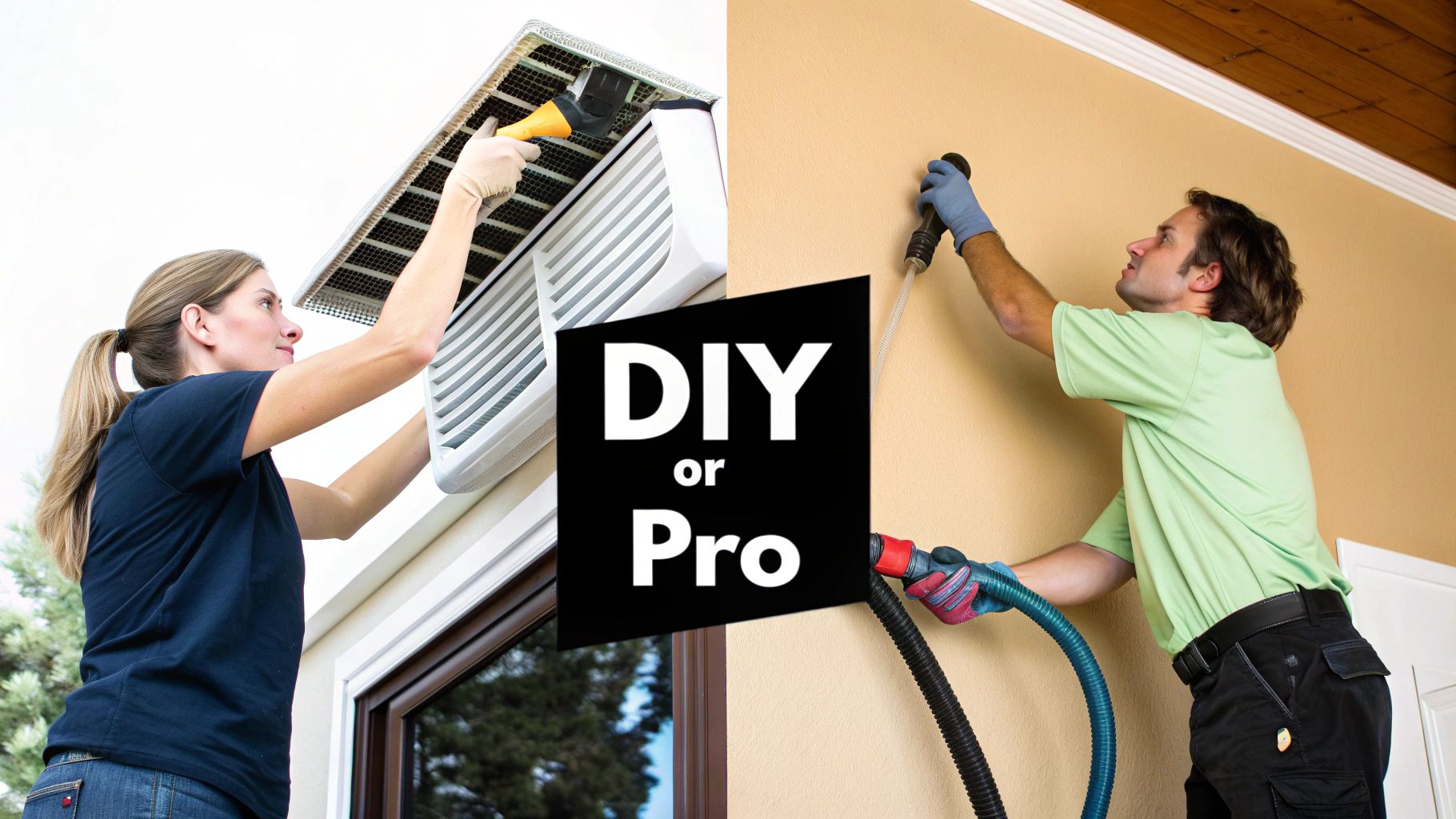 A professional technician using a long vacuum hose to clean inside an air duct vent.