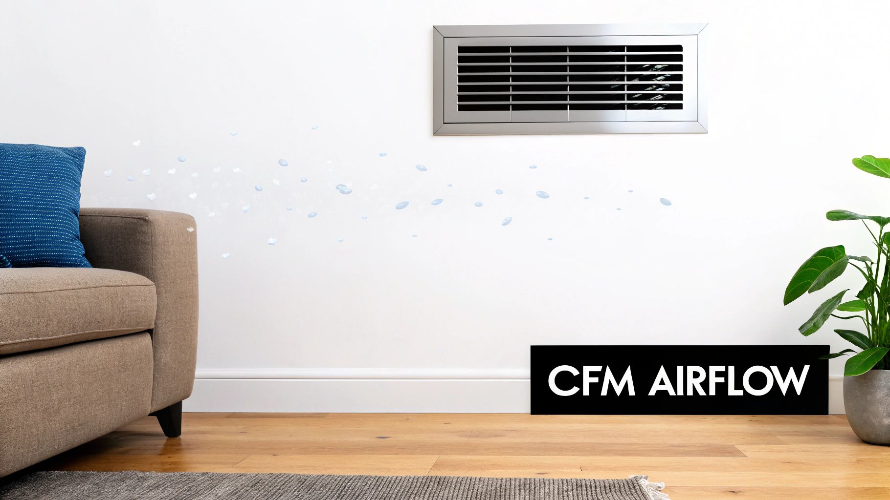 Airflow simulation from a silver HVAC vent on a white wall with a sofa, plant, and 'CFM Airflow' text.
