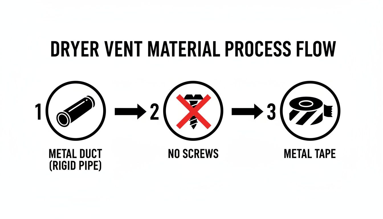 Diagram illustrating the three-step process for dryer vent material: metal duct, no screws, and metal tape.