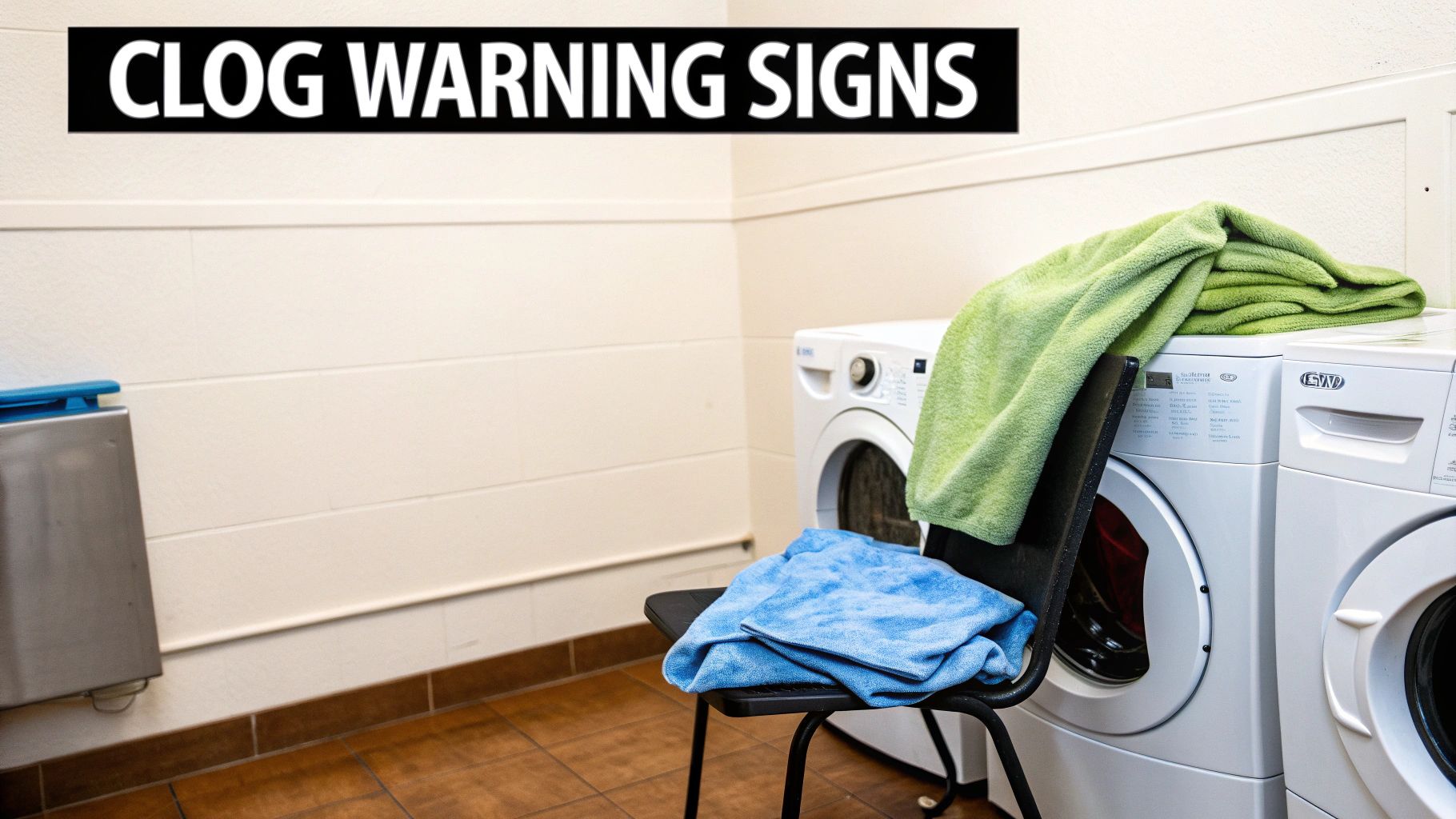 A laundry room with washing machines, folded towels, and a 'Clog Warning Signs' header.