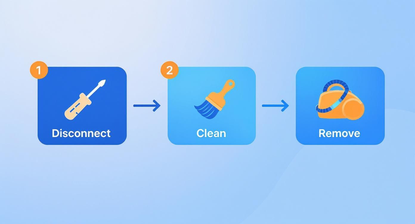 infographic breaks down the core actions of the process dryer vent cleaning: disconnecting, cleaning with a brush, and vacuuming out the debris