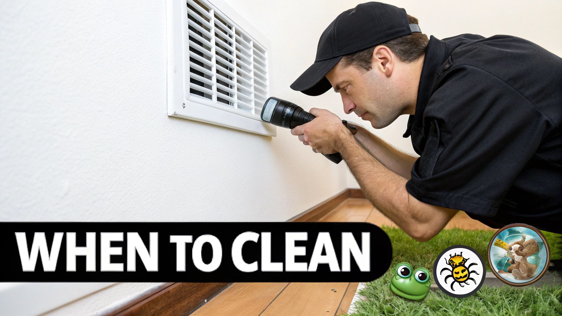Technician inspecting a home&#39;s air vent system.