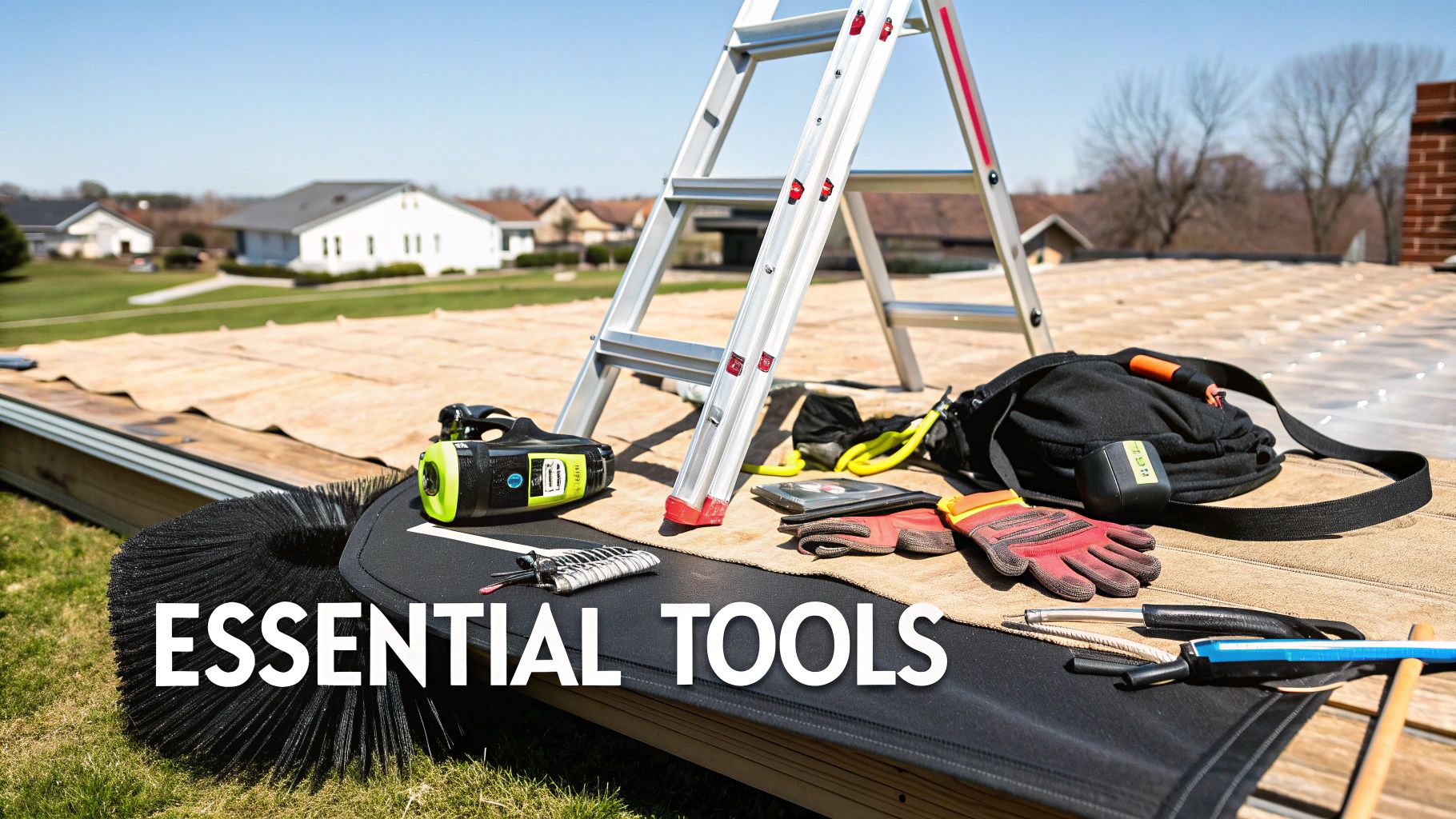 Essential tools for roof maintenance, including a ladder, large brush, safety gloves, and various equipment.