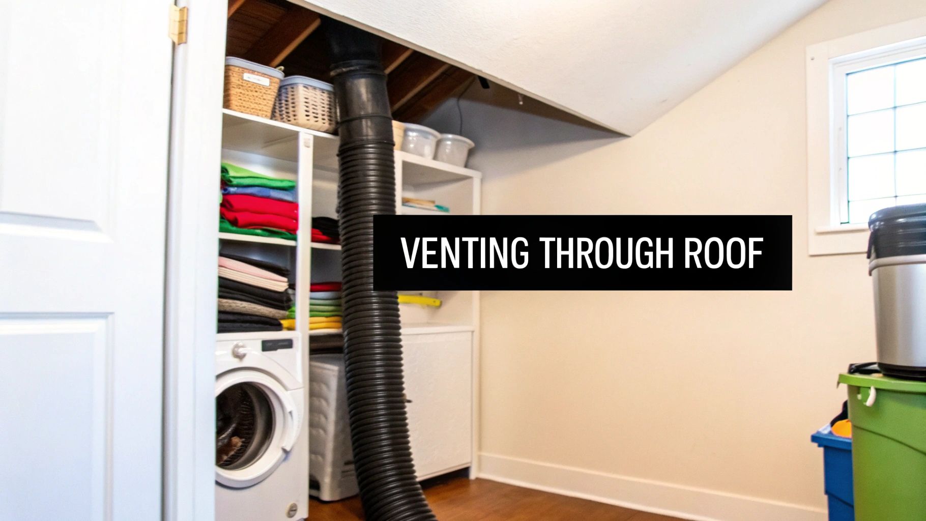 A compact laundry closet with a washing machine, storage shelves, and a black dryer vent pipe extending through the roof.