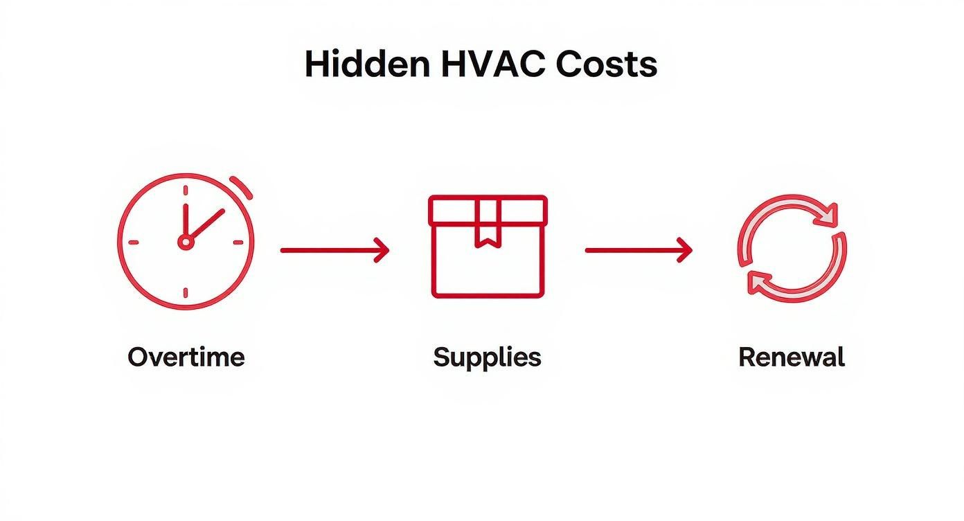 Infographic showing the process flow of hidden HVAC costs including overtime, supplies, and renewal.