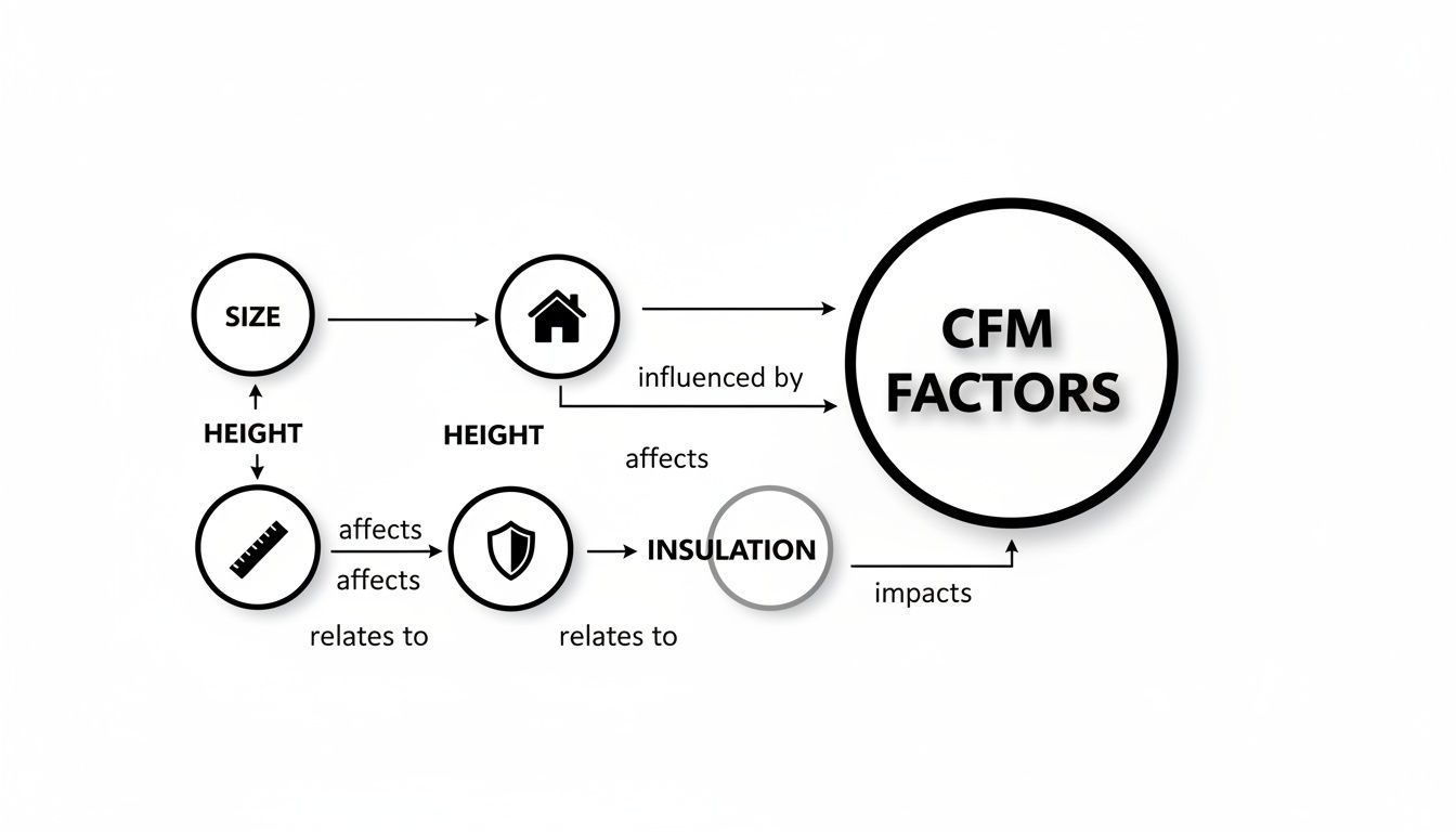 A diagram illustrates how size, height, measurement, and insulation affect CFM factors related to a house in HVAC.