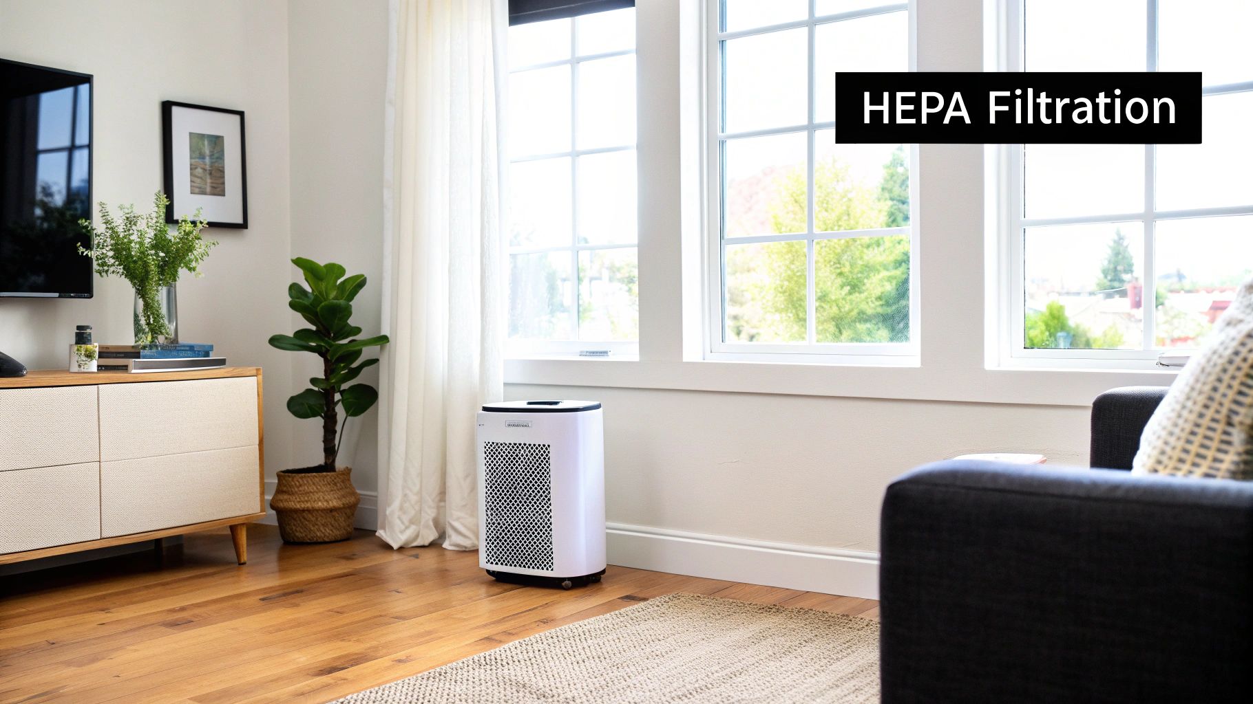 Modern white air purifier with HEPA filtration in a sunny living room with large windows.