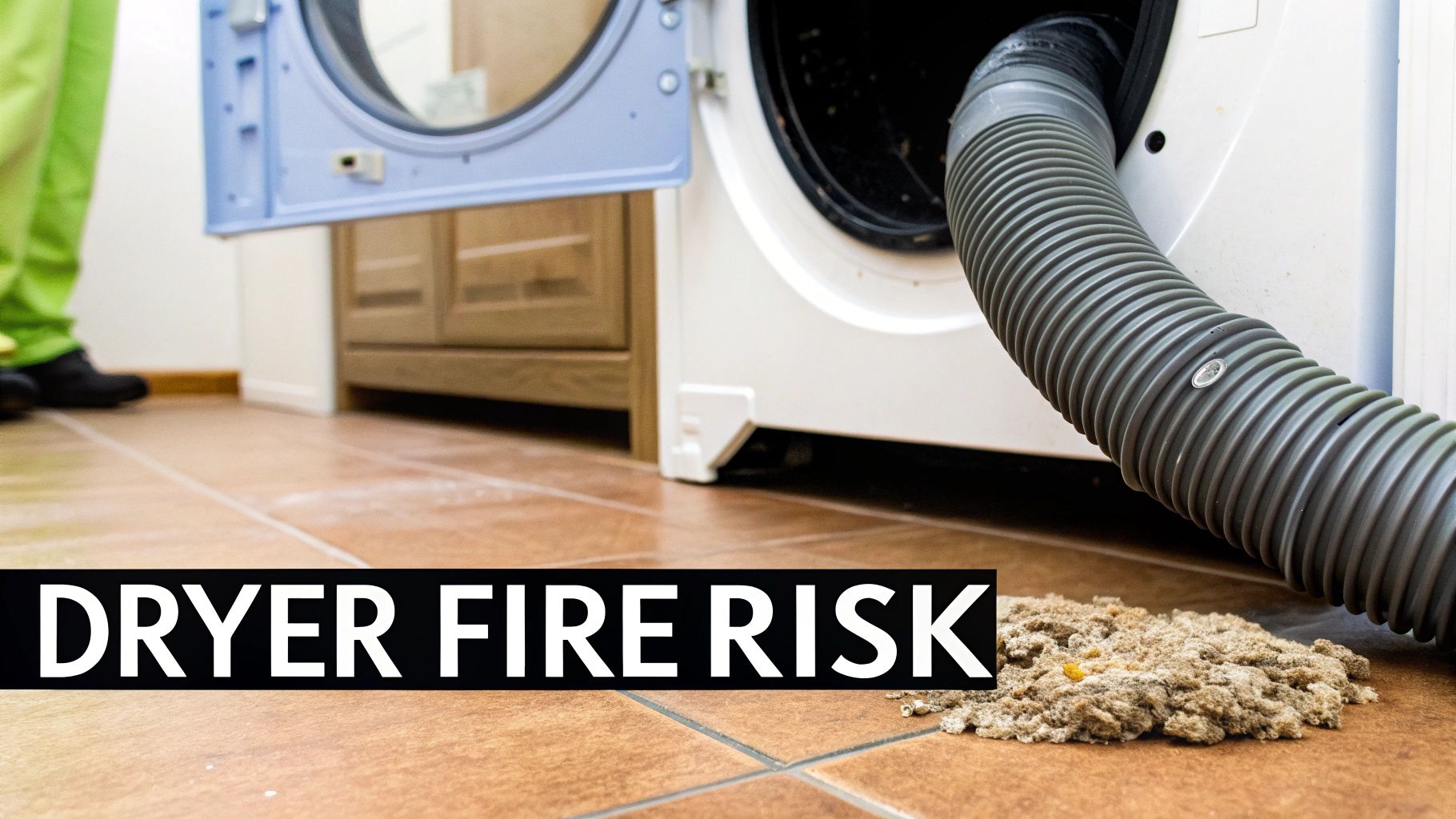 A large pile of dryer lint and debris on a tiled floor next to a dryer, emphasizing fire risk.