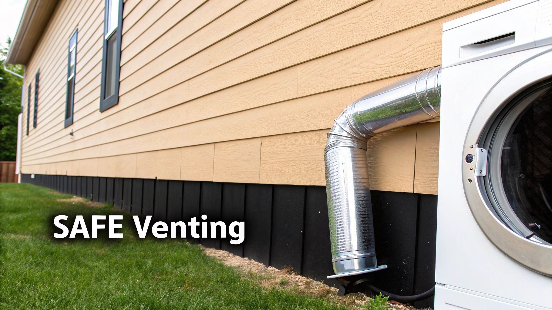 Exterior view of a house with a metal dryer vent pipe connected to a white clothes dryer on a lawn.
