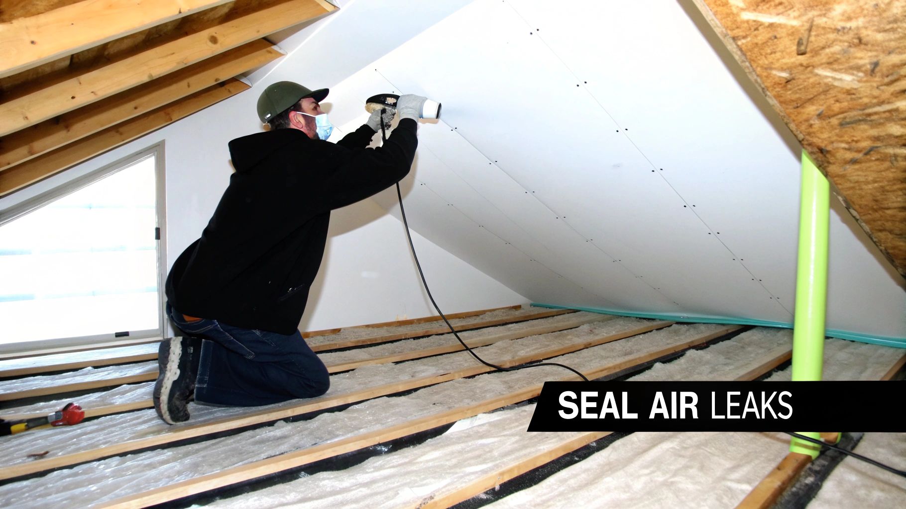 A man in an attic seals air leaks on a sloped ceiling, improving home energy efficiency.