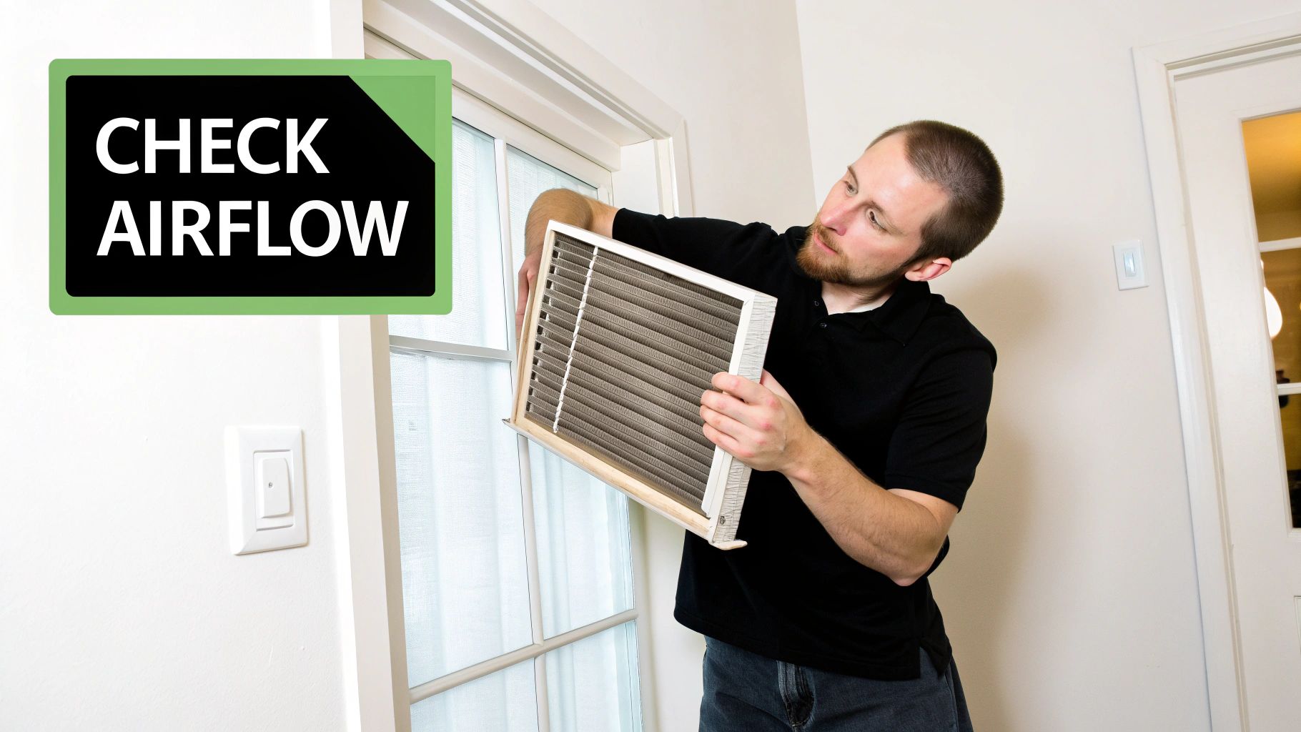 A man holds up a dirty HVAC air filter, looking at it, with a 'CHECK AIRFLOW' sign.