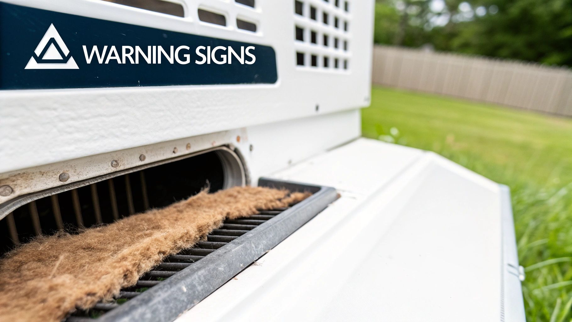 A close-up view of a heavily clogged dryer vent with brown lint and a 'WARNING SIGNS' label.
