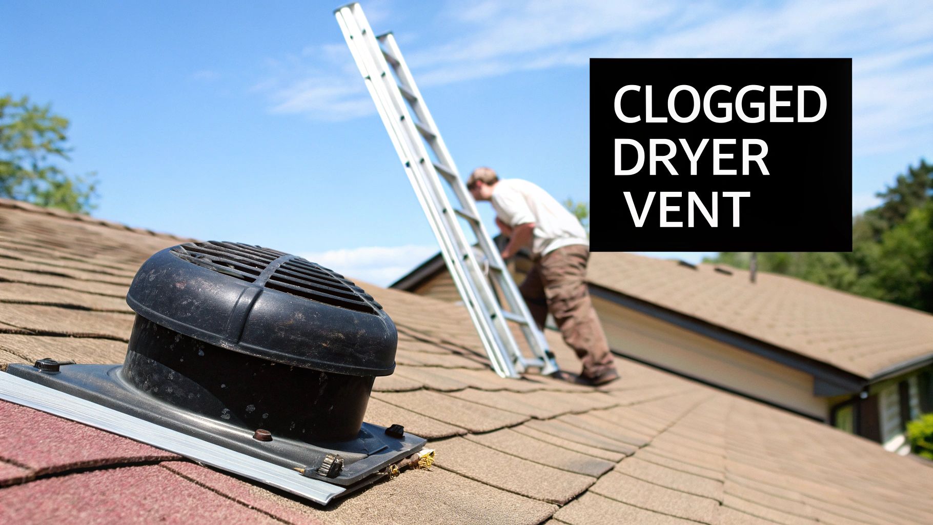 Roofer on a ladder near a clogged dryer vent on a shingled roof, ready for cleaning.