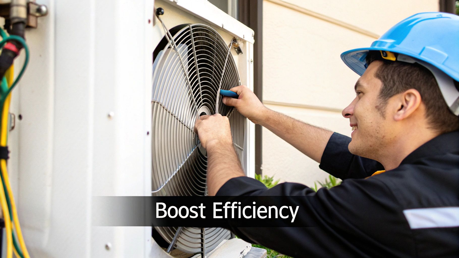 A smiling HVAC technician in a hard hat services an outdoor air conditioning unit.