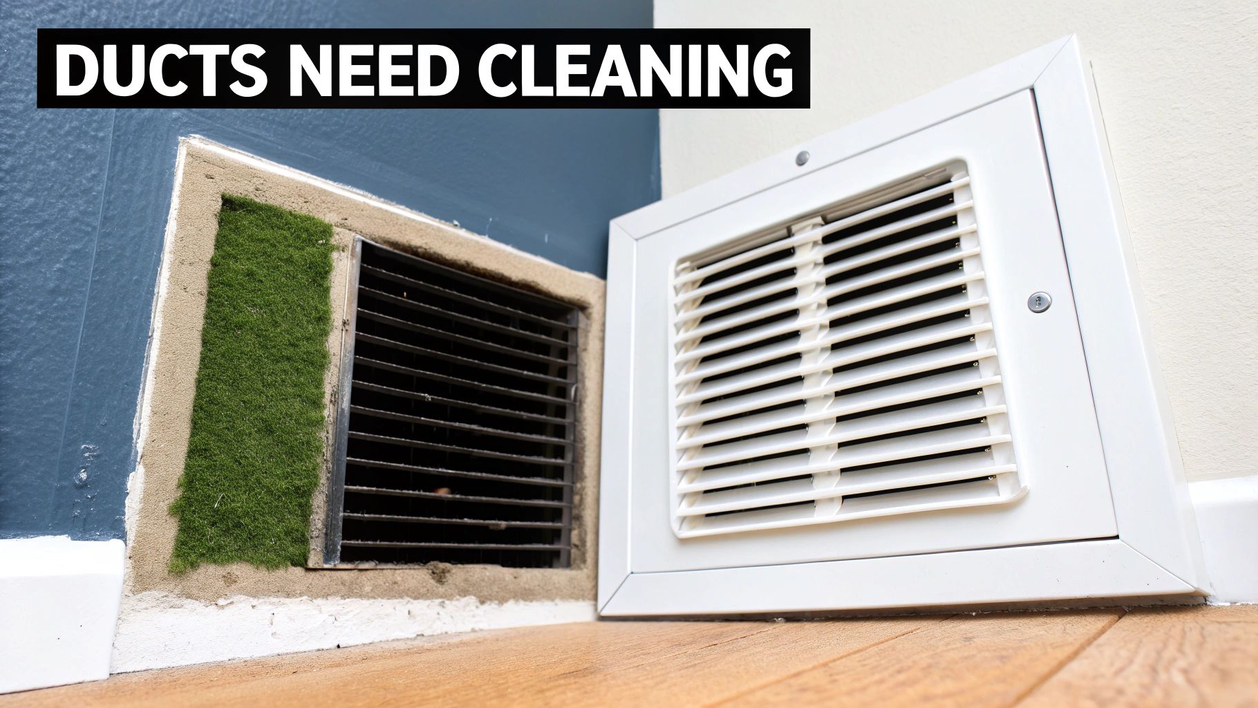 A dirty air duct vent with green mold next to a clean white vent, highlighting the need for duct cleaning.