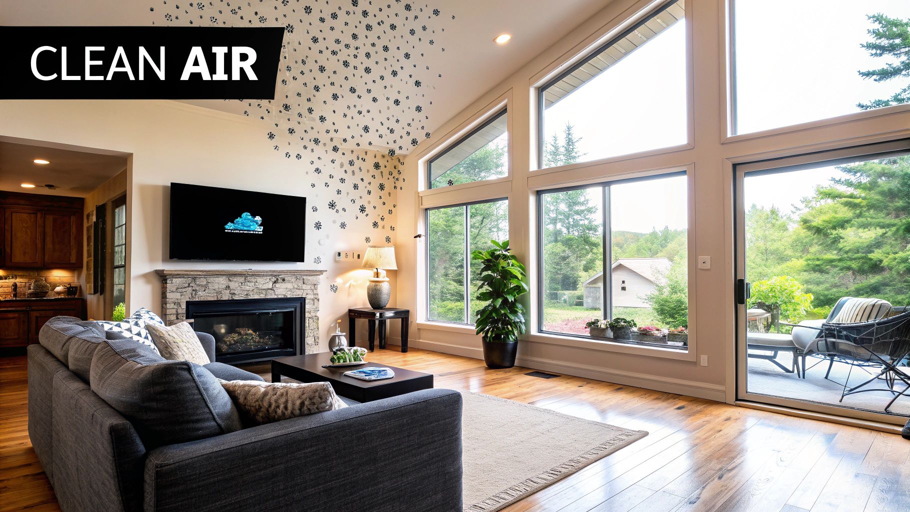 A living room with clean air particles circulating around