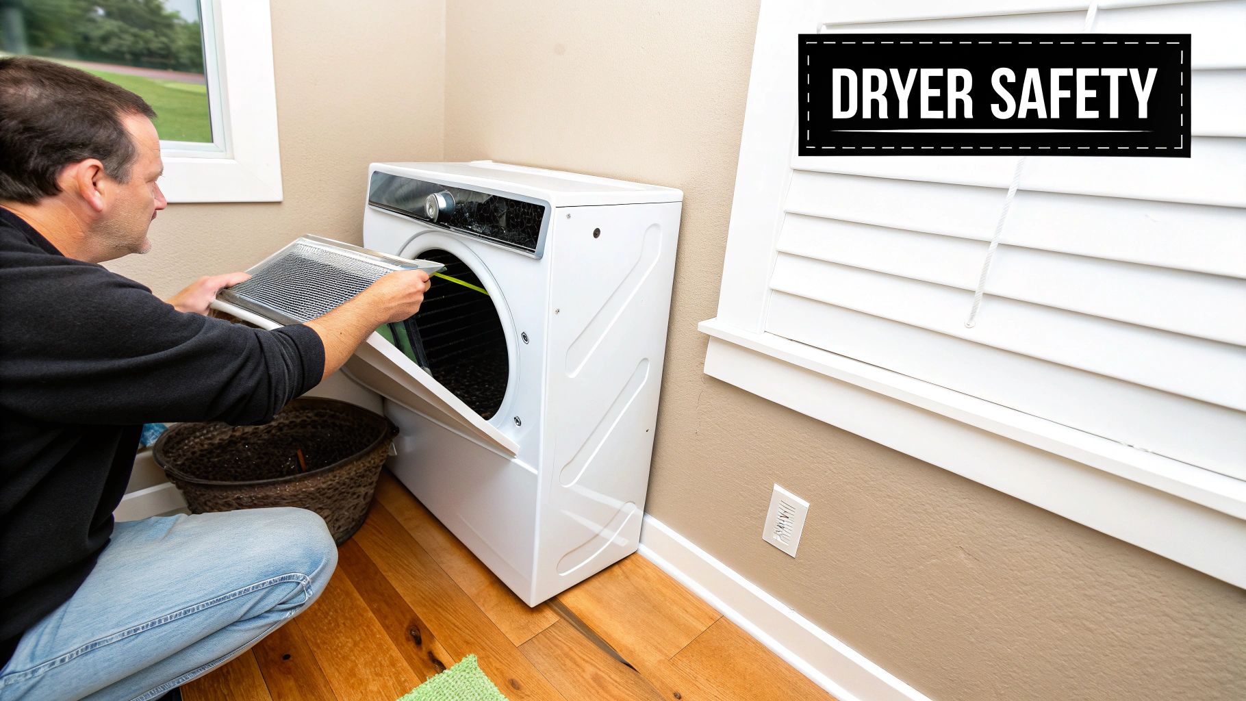 A man cleans the lint trap of a white clothes dryer, promoting dryer safety at home.