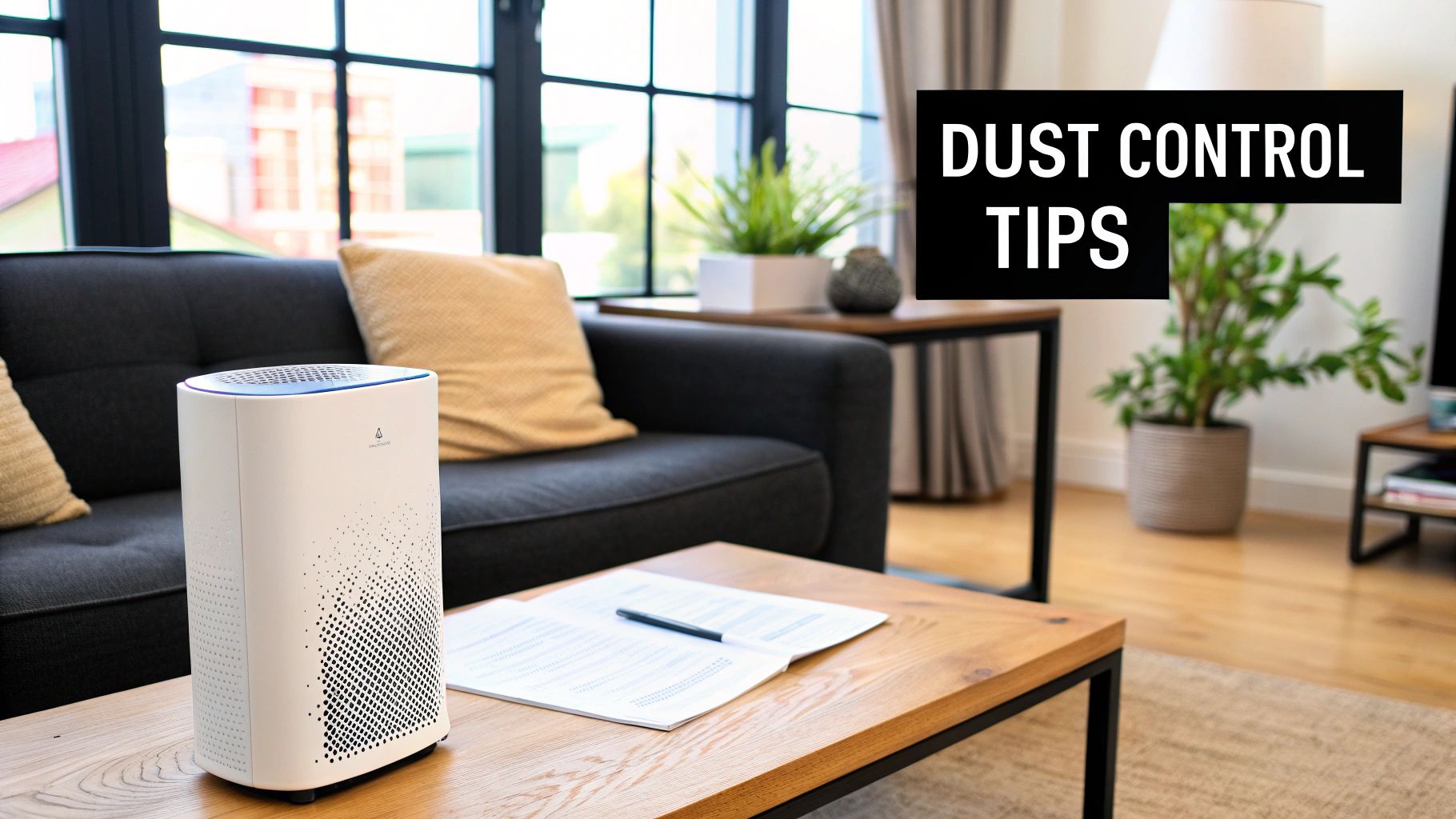 A modern white air purifier sits on a wooden coffee table in a clean living room, with text &#39;DUST CONTROL TIPS&#39;.