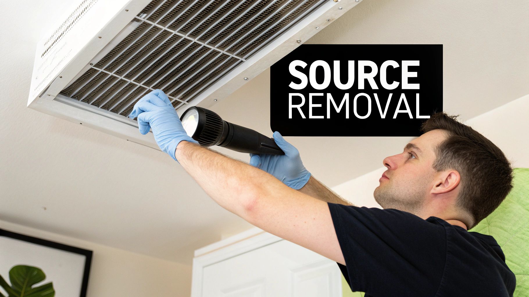 A technician wearing blue gloves shines a flashlight into a ceiling air duct for inspection.
