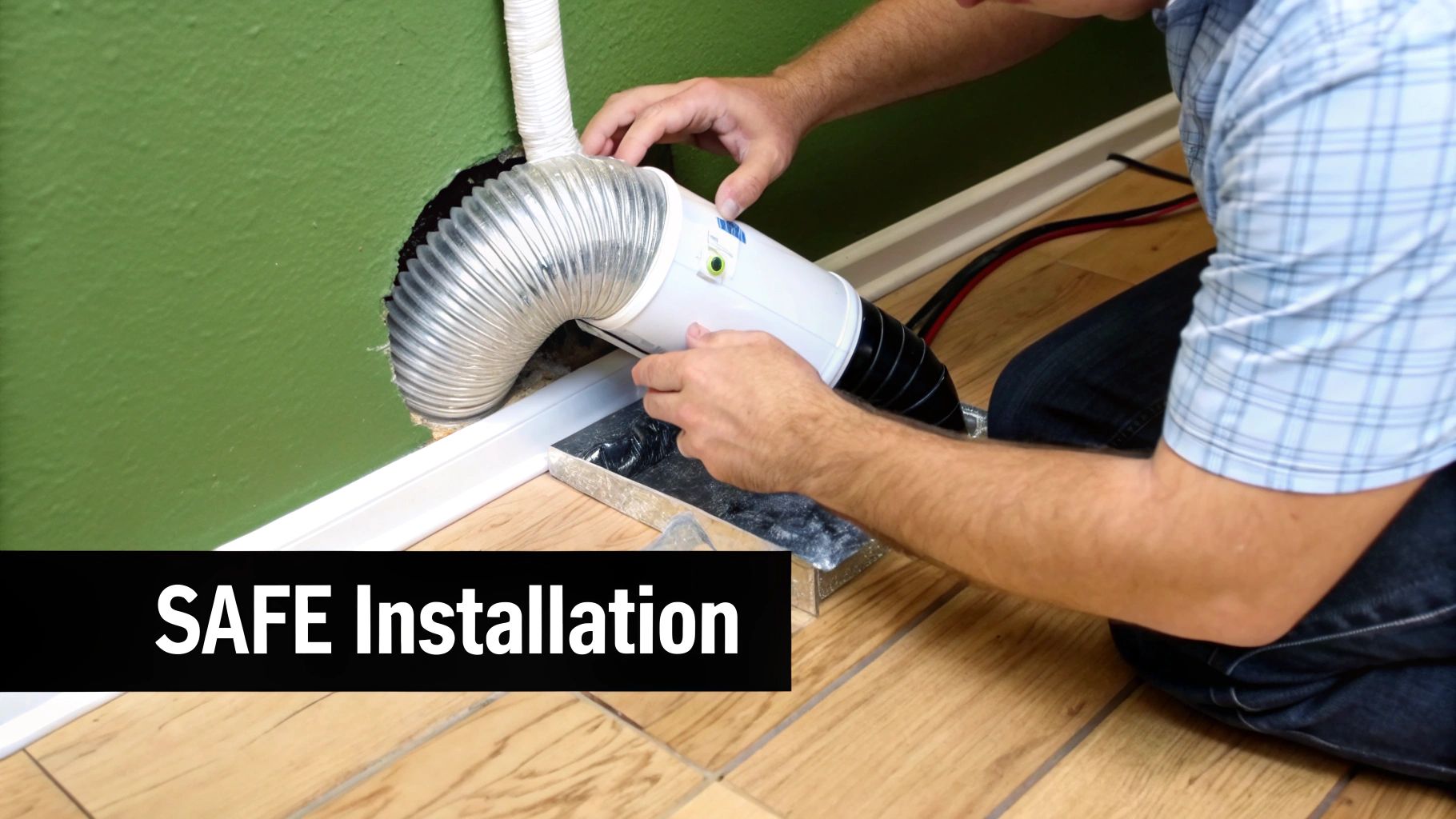 Close-up of a person safely installing a dryer vent system with flexible tubing.