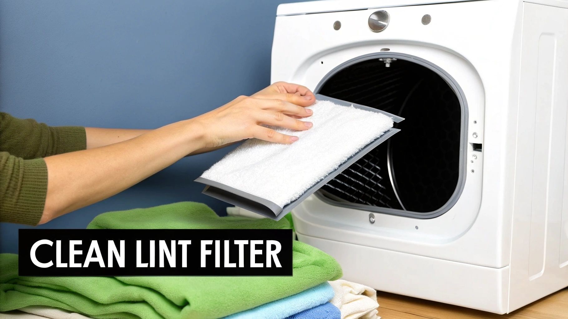 Hands removing a freshly cleaned white lint filter from a modern white clothes dryer.
