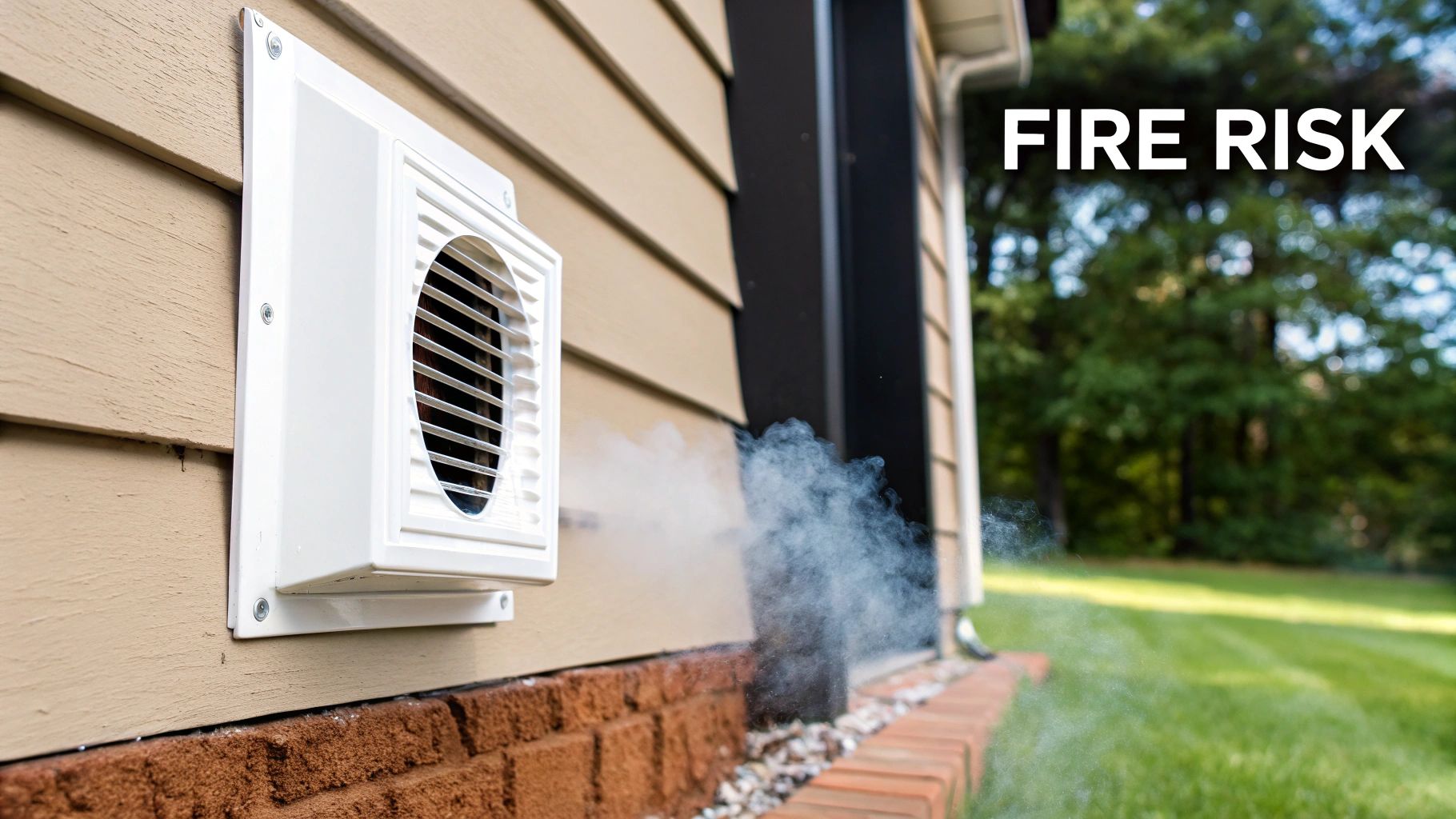 Smoke billowing from a white dryer vent on the side of a house, indicating fire risk.