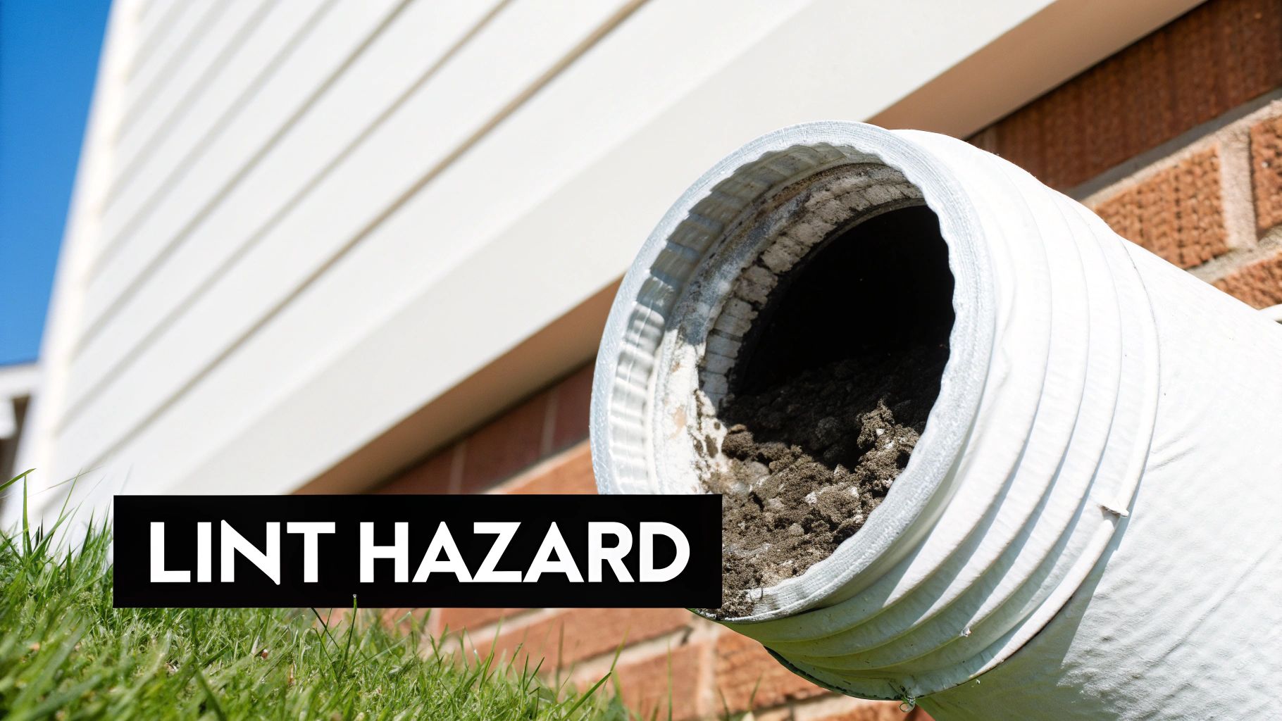 A white dryer vent hose, clogged with dark lint and debris, labelled 'LINT HAZARD', against a a brick wall.