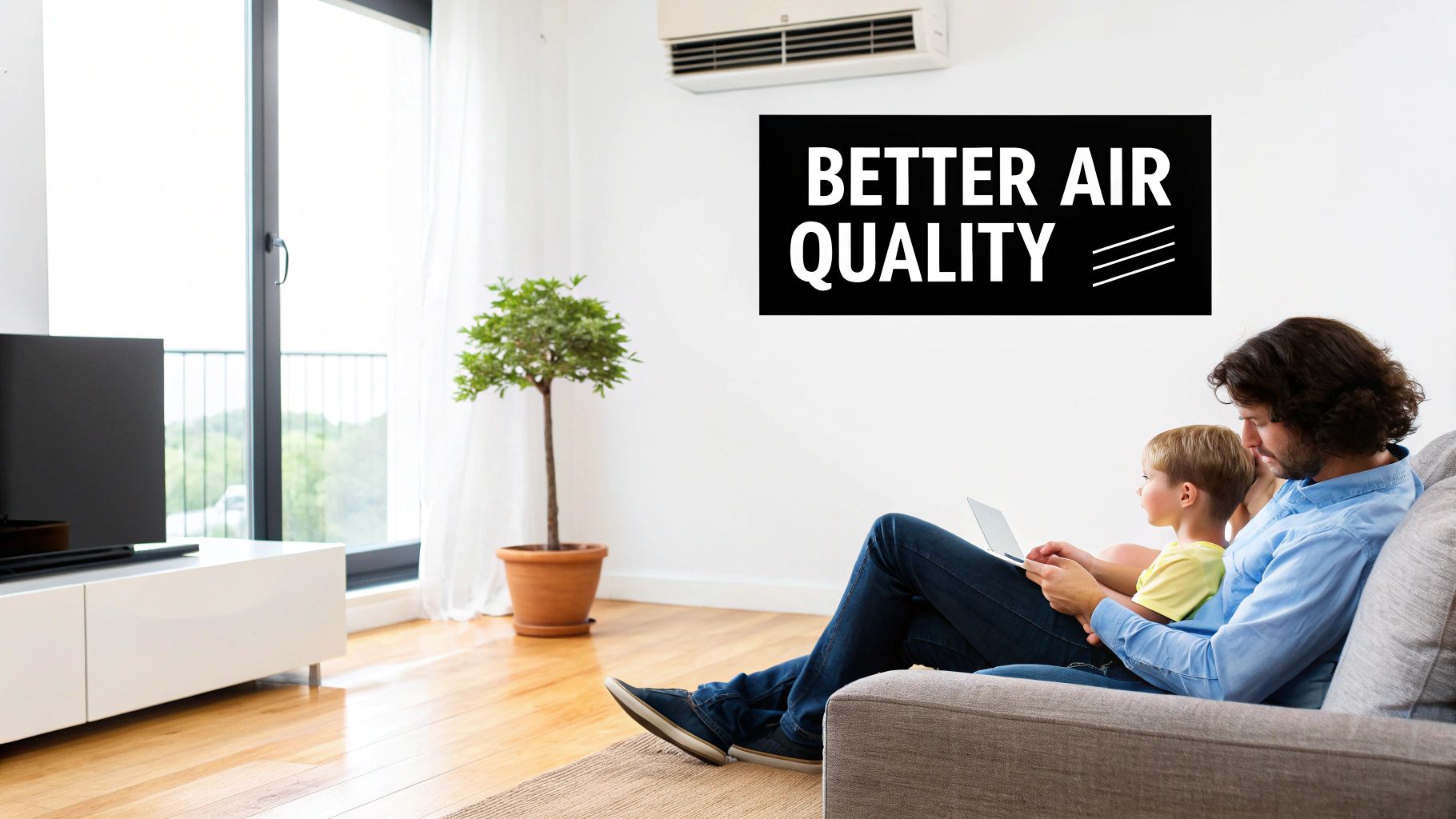 Father and son reading together in modern living room with air conditioning unit promoting better air quality