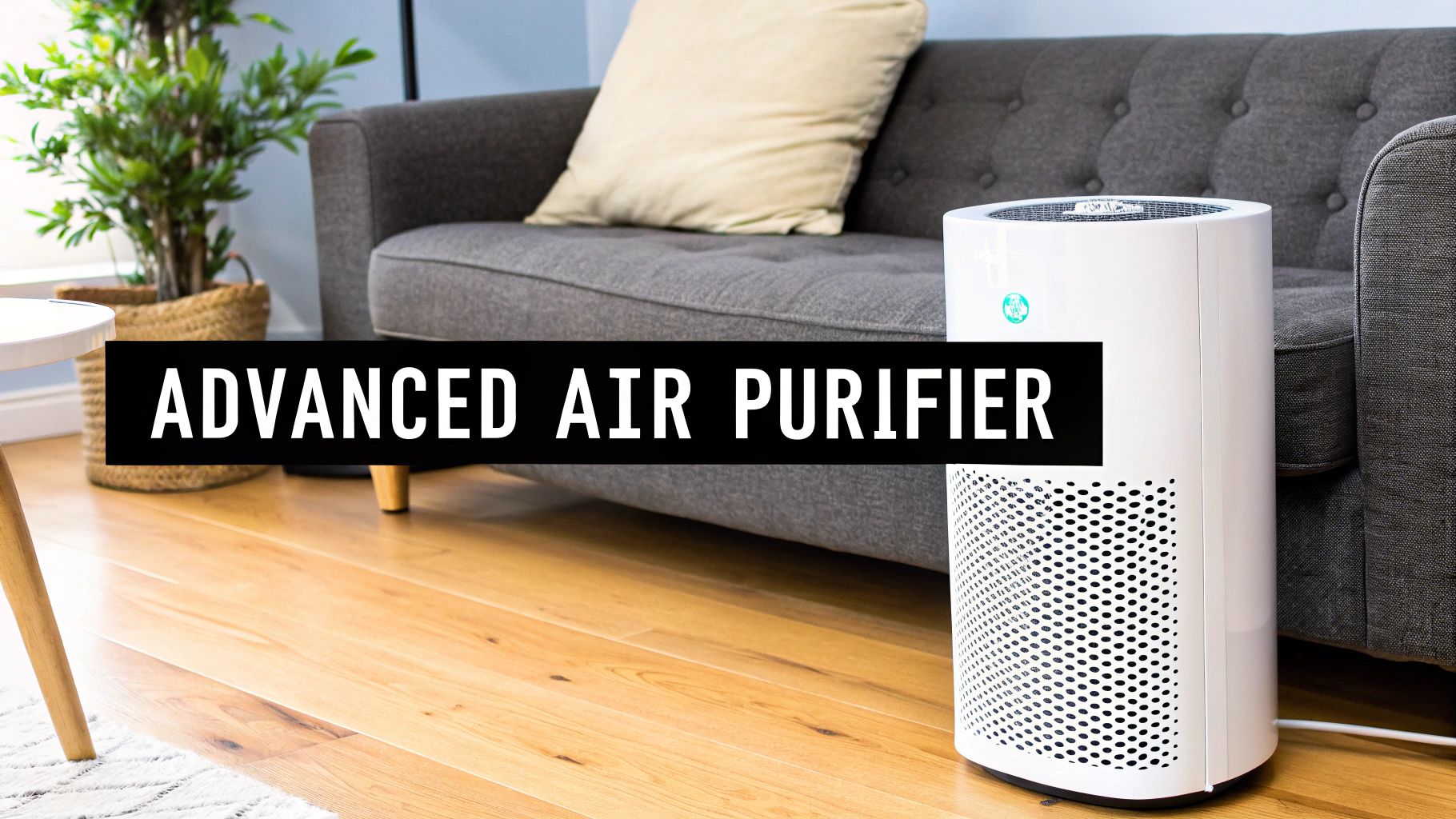 A modern white advanced air purifier stands next to a grey sofa in a living room.