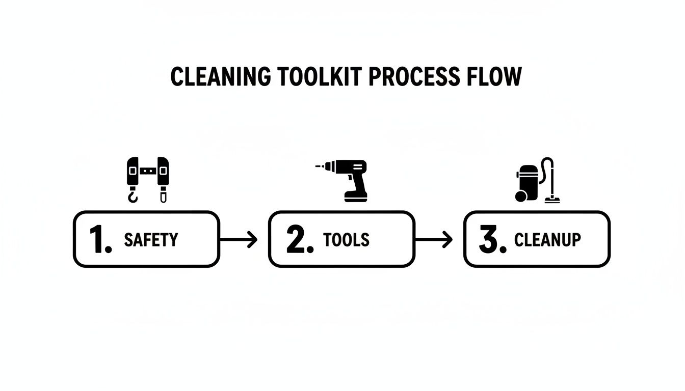 Process flow diagram for a cleaning toolkit, outlining safety, tools, and cleanup steps with corresponding icons.