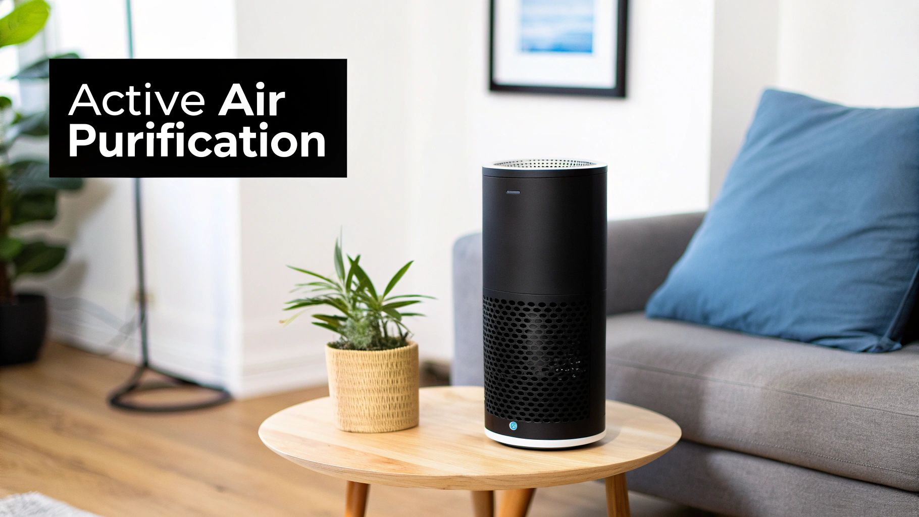 A serene, minimalist bedroom with an air purifier placed on a nightstand beside the bed.