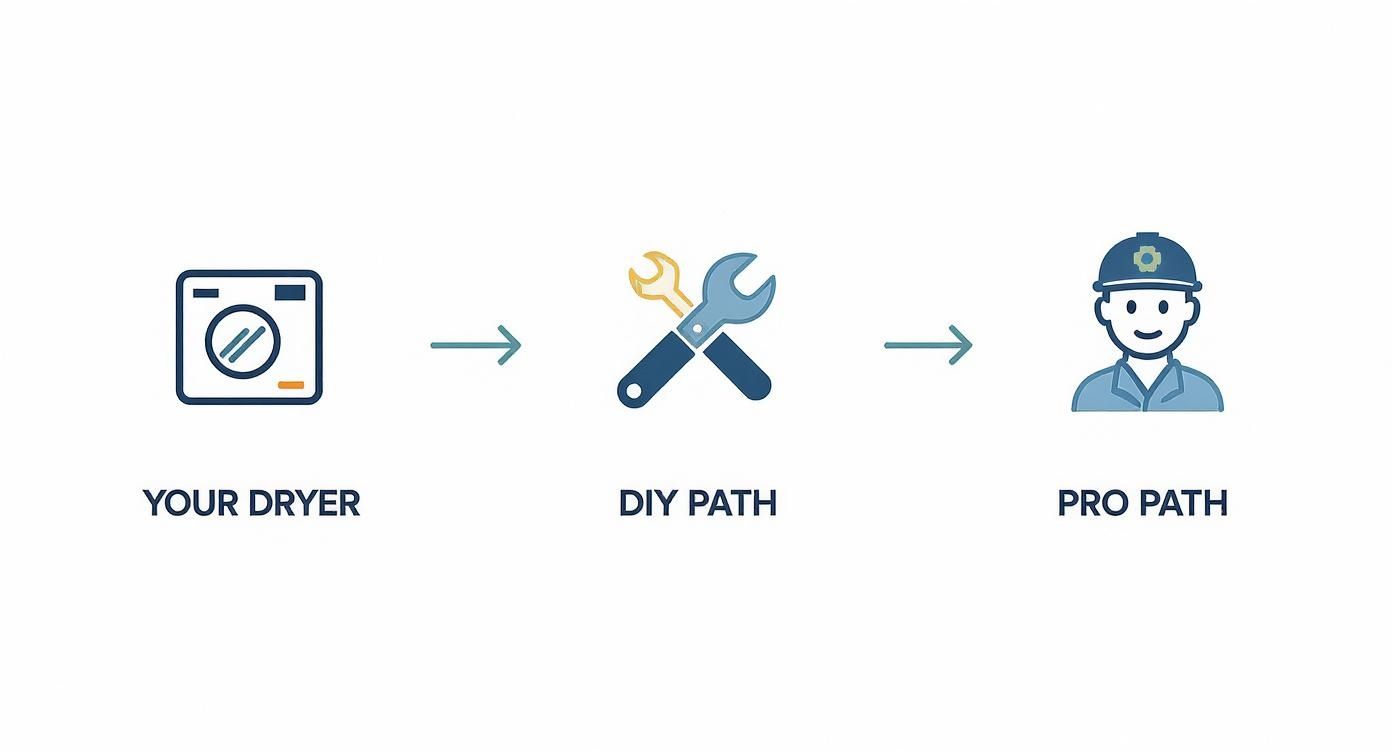Dryer repair options showing DIY path with tools or professional service path with technician