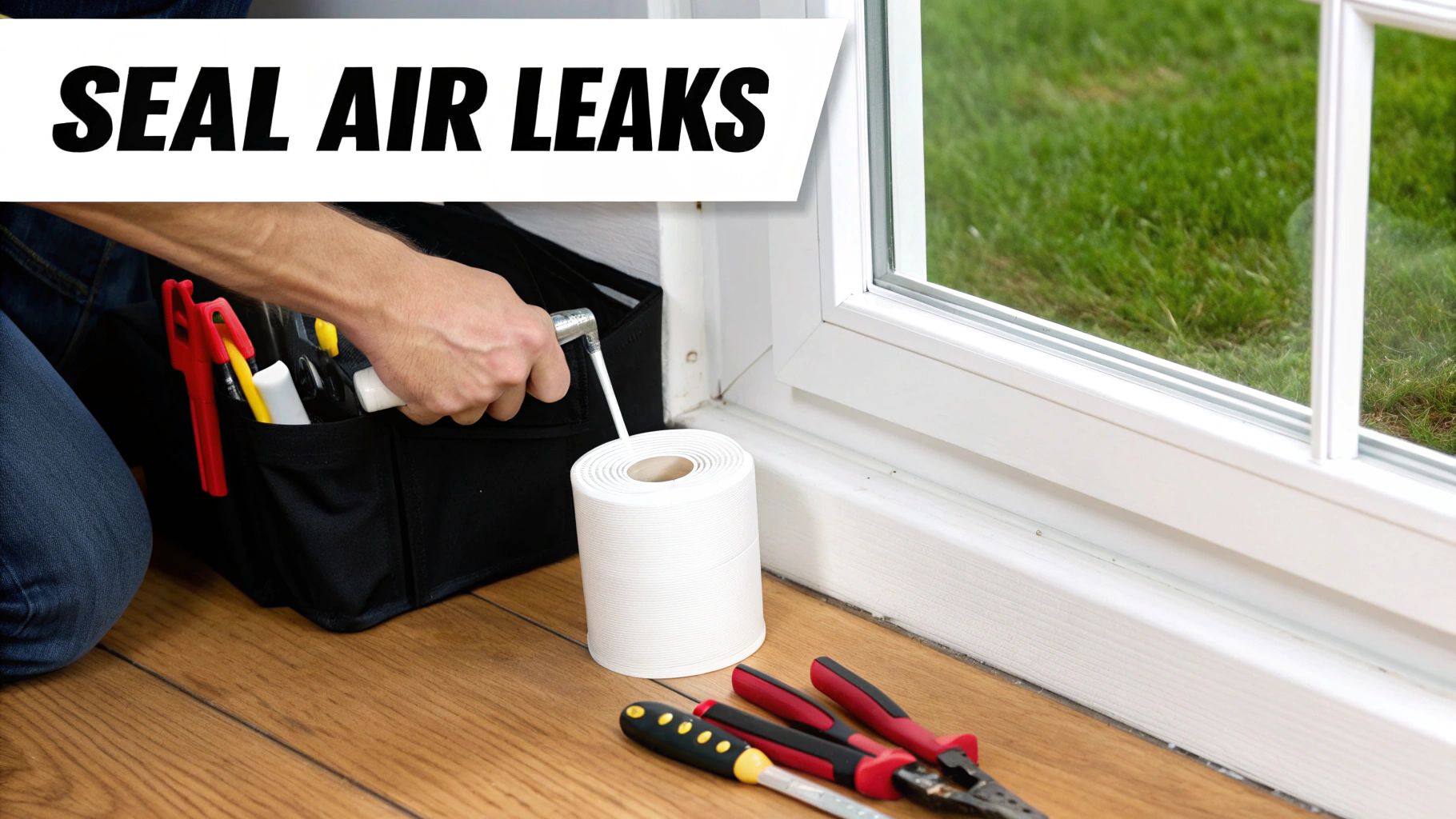 Professional handyman sealing air leaks around white window frame with weatherstripping materials and tools