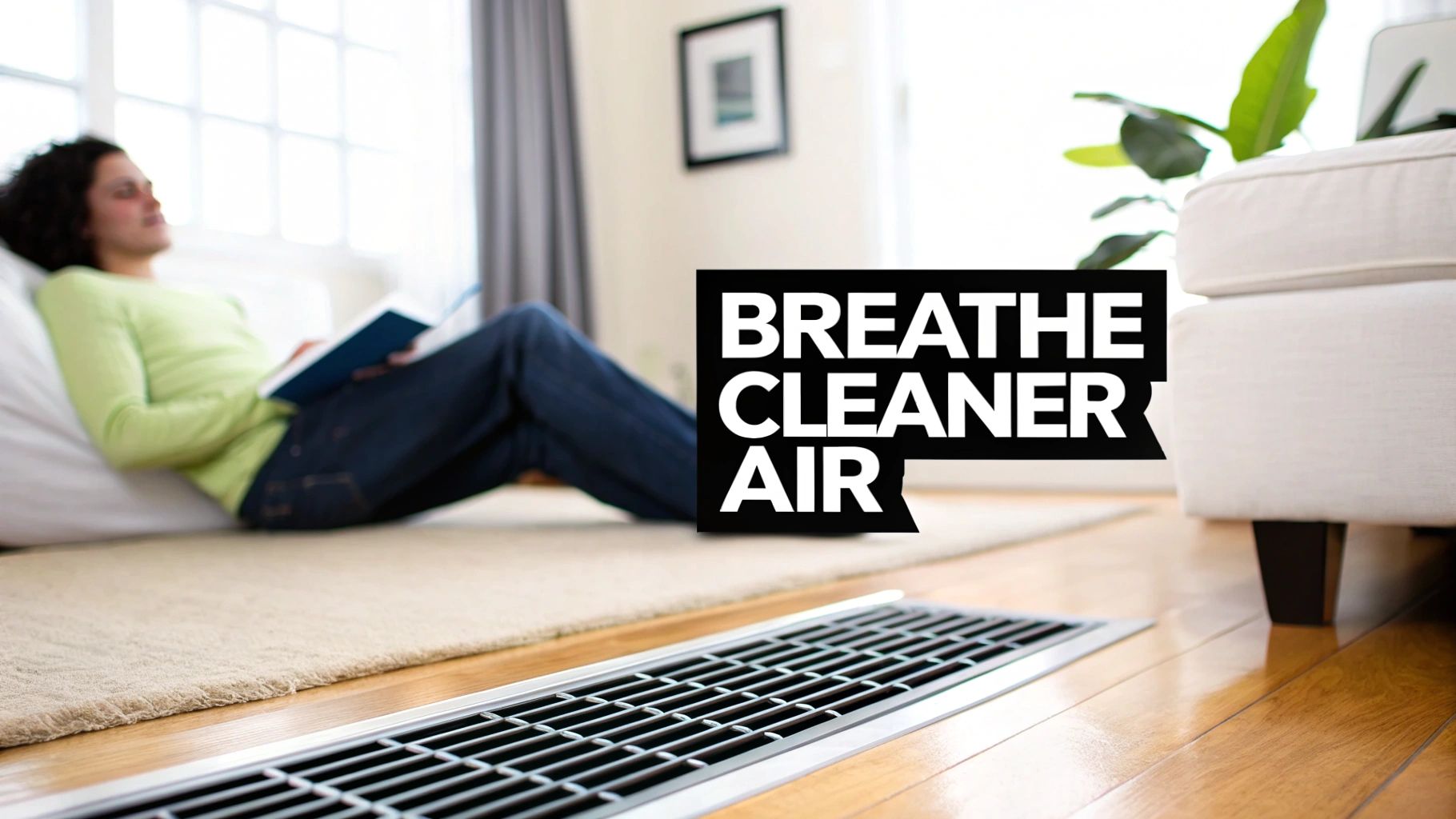 A person relaxing comfortably on a rug next to a floor air vent, promoting clean air.