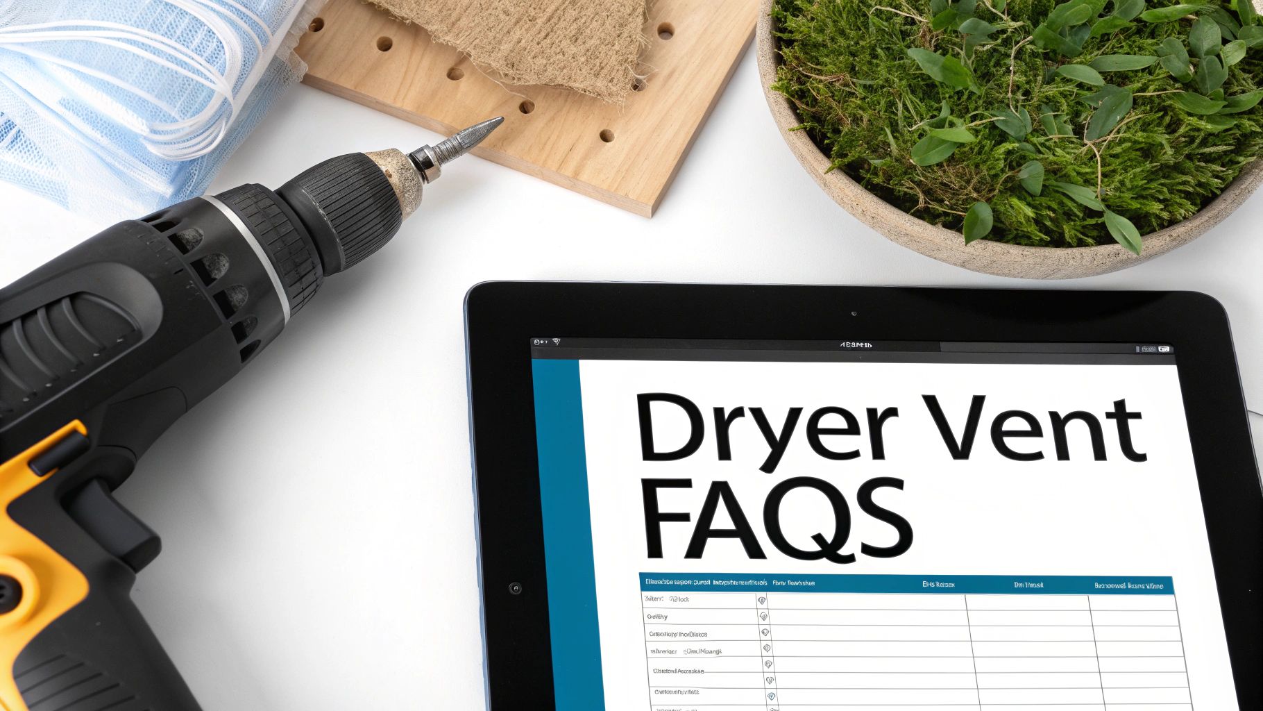 A power drill and a tablet displaying 'Dryer Vent FAQs' alongside DIY materials and greenery on a white surface.