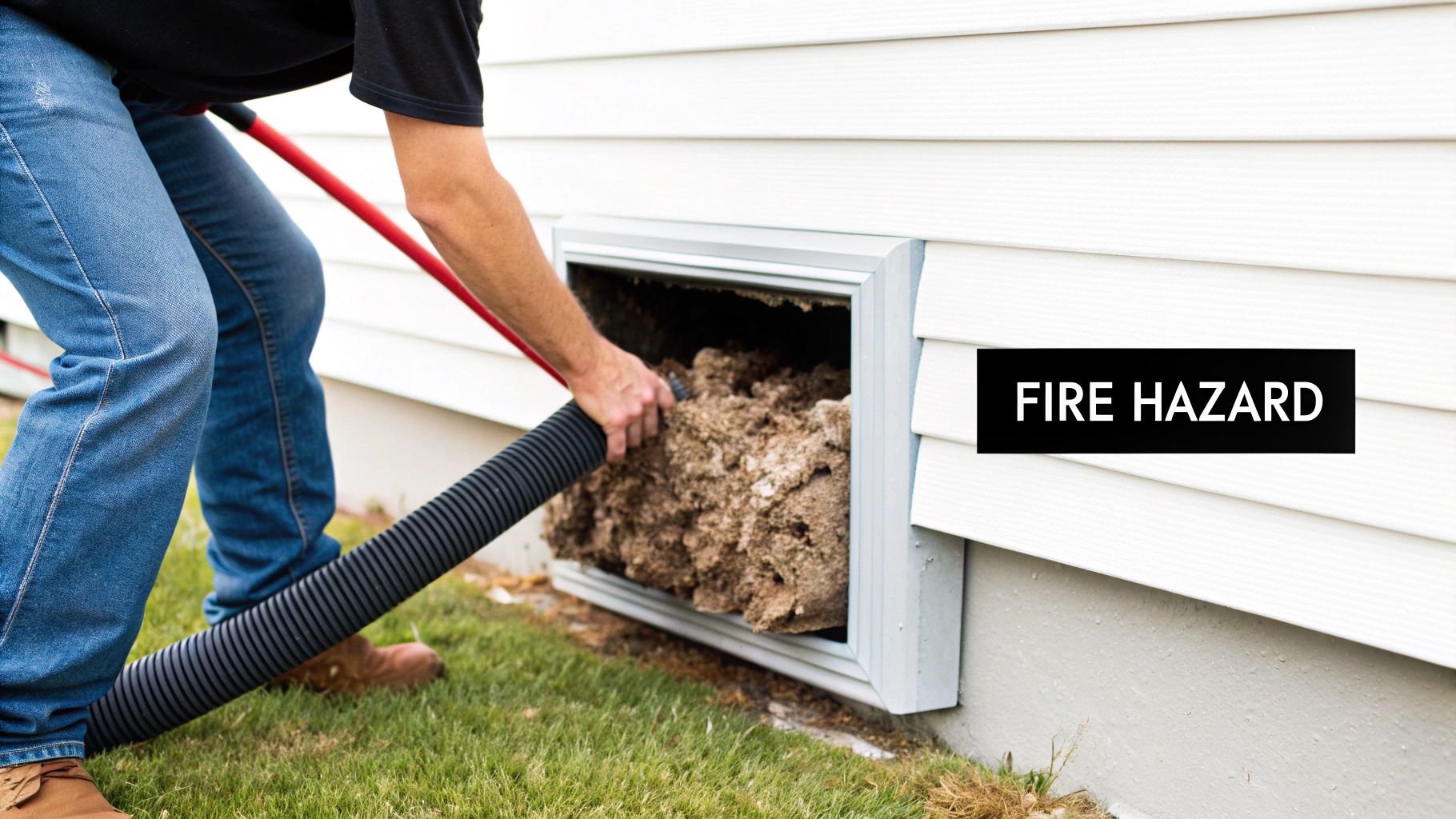 A person uses a vacuum to remove a large amount of lint from an outdoor dryer vent, labeled "FIRE HAZARD".
