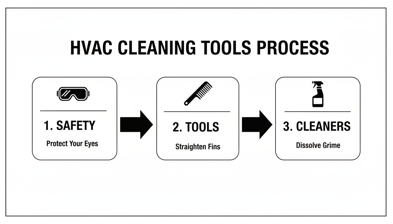 A three-step infographic detailing the HVAC cleaning tools process: safety, tools, and cleaners.