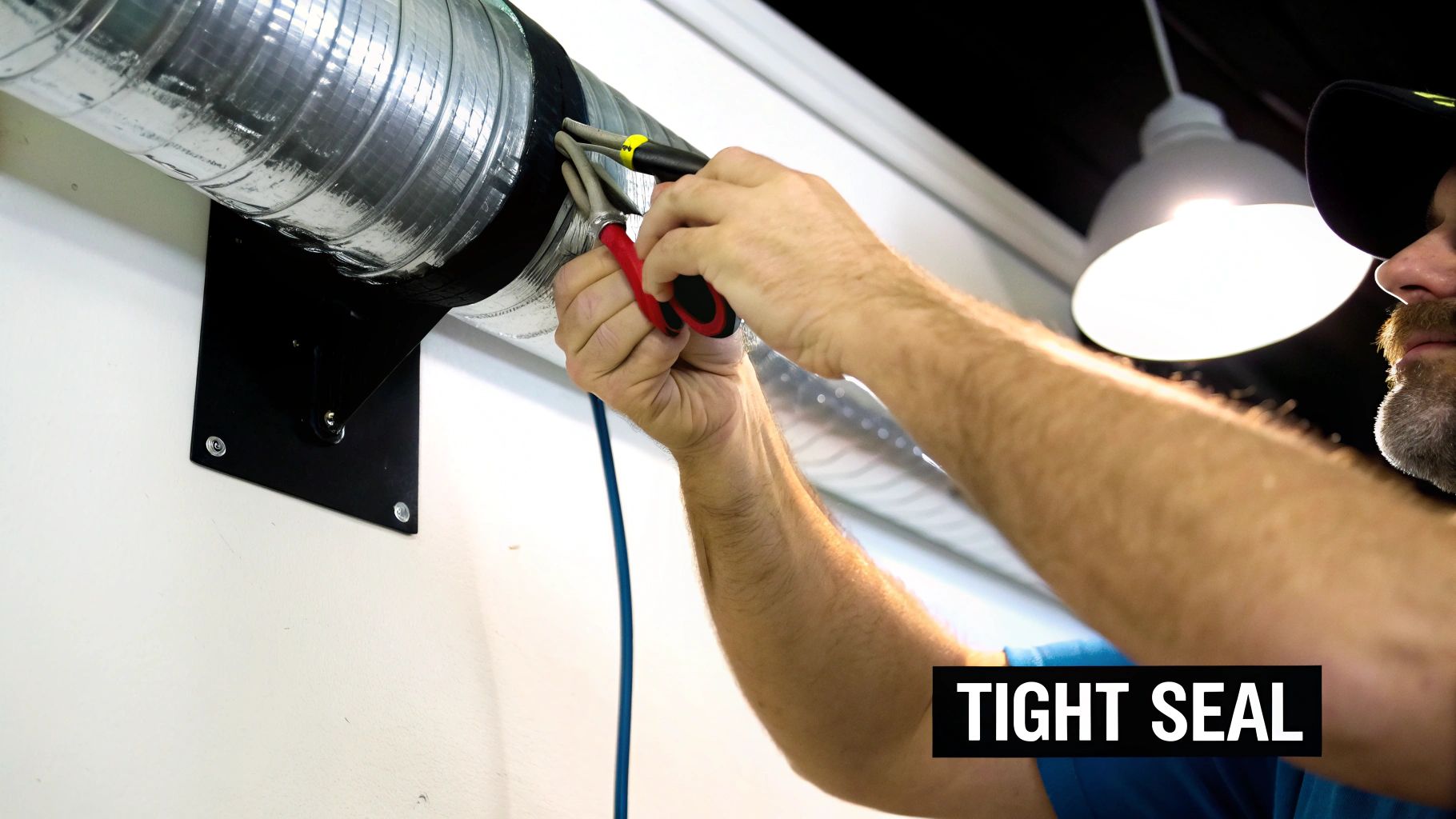 A person's hands use tools to apply a tight seal on a metallic duct with black tape.